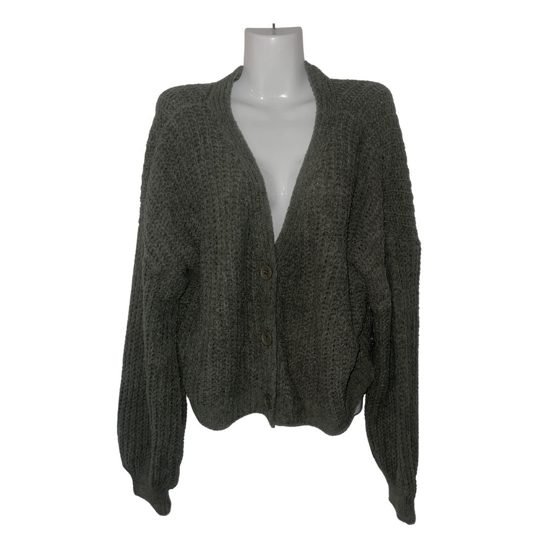 Love Ellie Audrey Cropped Button Front Chunky Knit Cardigan Olive XXL Cozy NWT