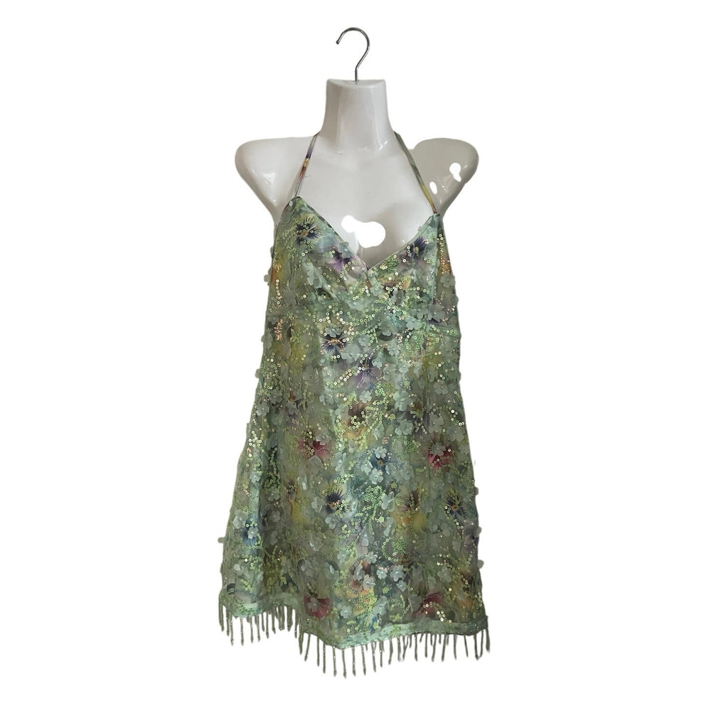 Shein Floral Sequin Lace Mini Halter Dress Size Large Fairy Whimsy Garden Party