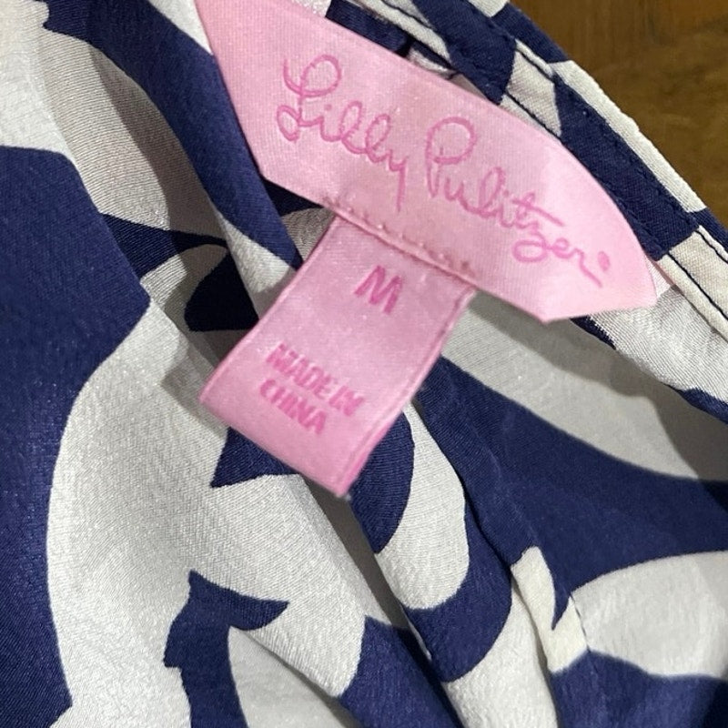 Lilly Pulitzer Silk Navy Blue Chevron Bird Print Blouse SZ M Boxy Fit Nautical