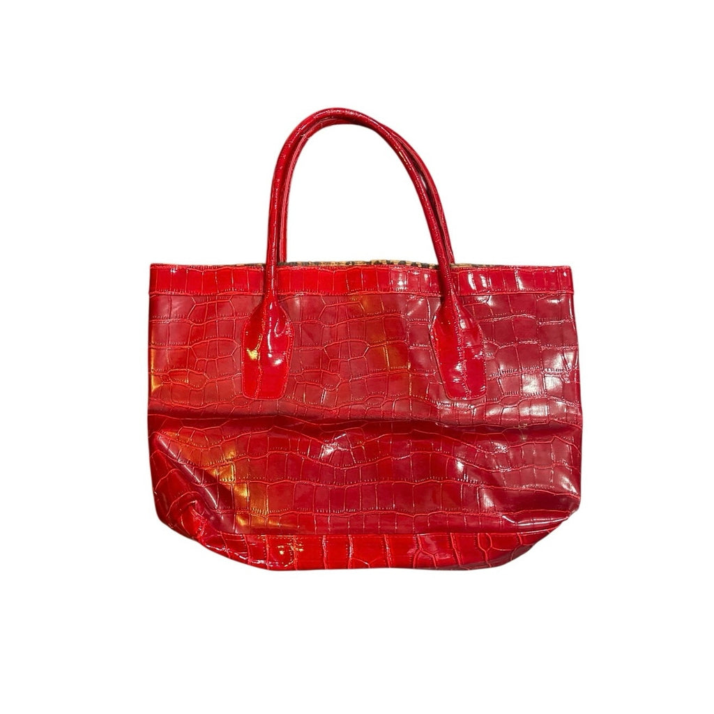 Red Faux Croc Patent Leather Tote Bag