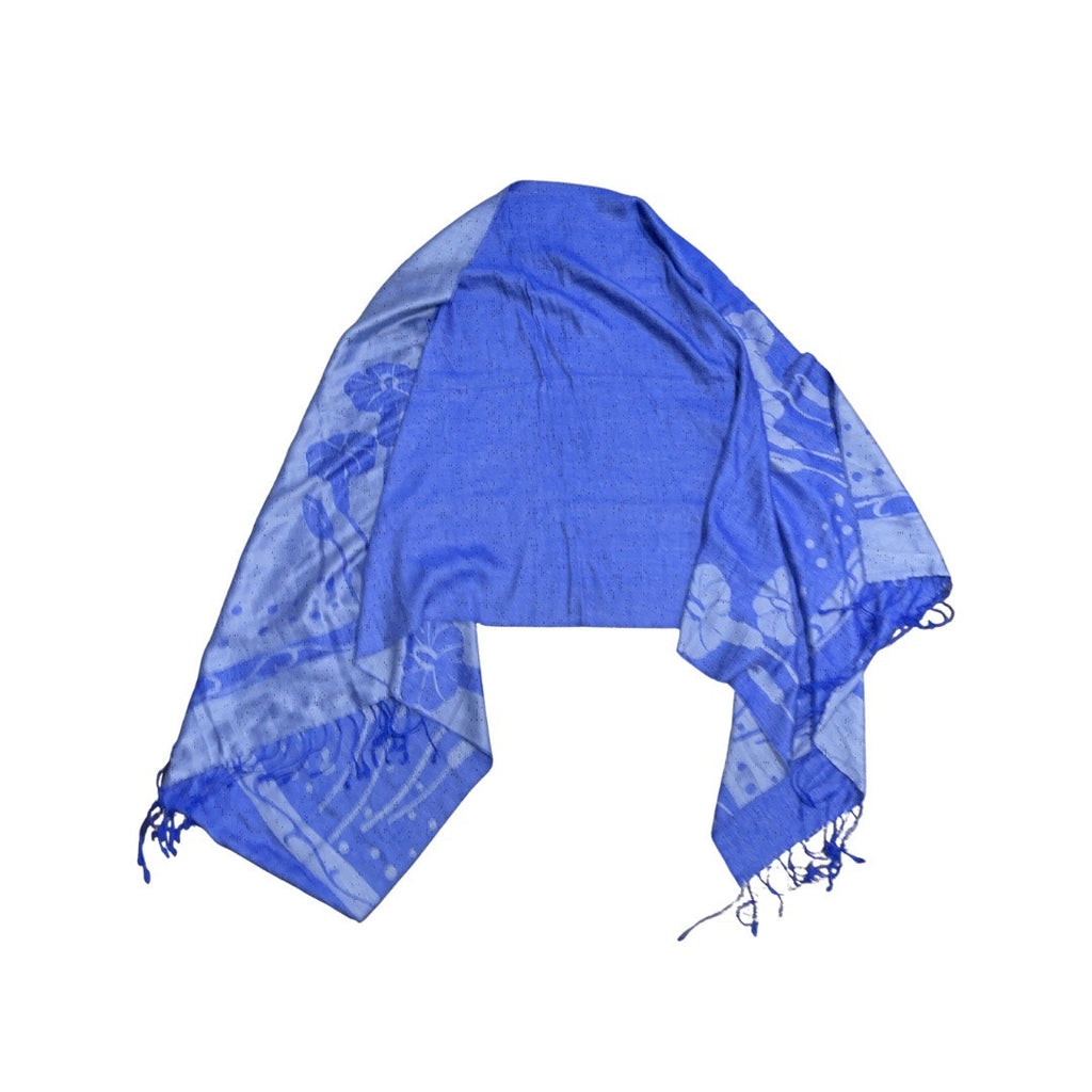 Women Shawl Scarf Stole Blue Floral Motifs Fringe Hem Bohemian Artsy