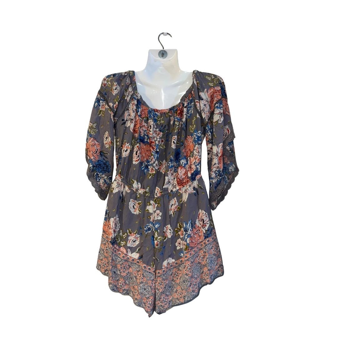 Angie Off Shoulder Floral Paisley Lace Trim Romper SZ L Boho Festival Flirty