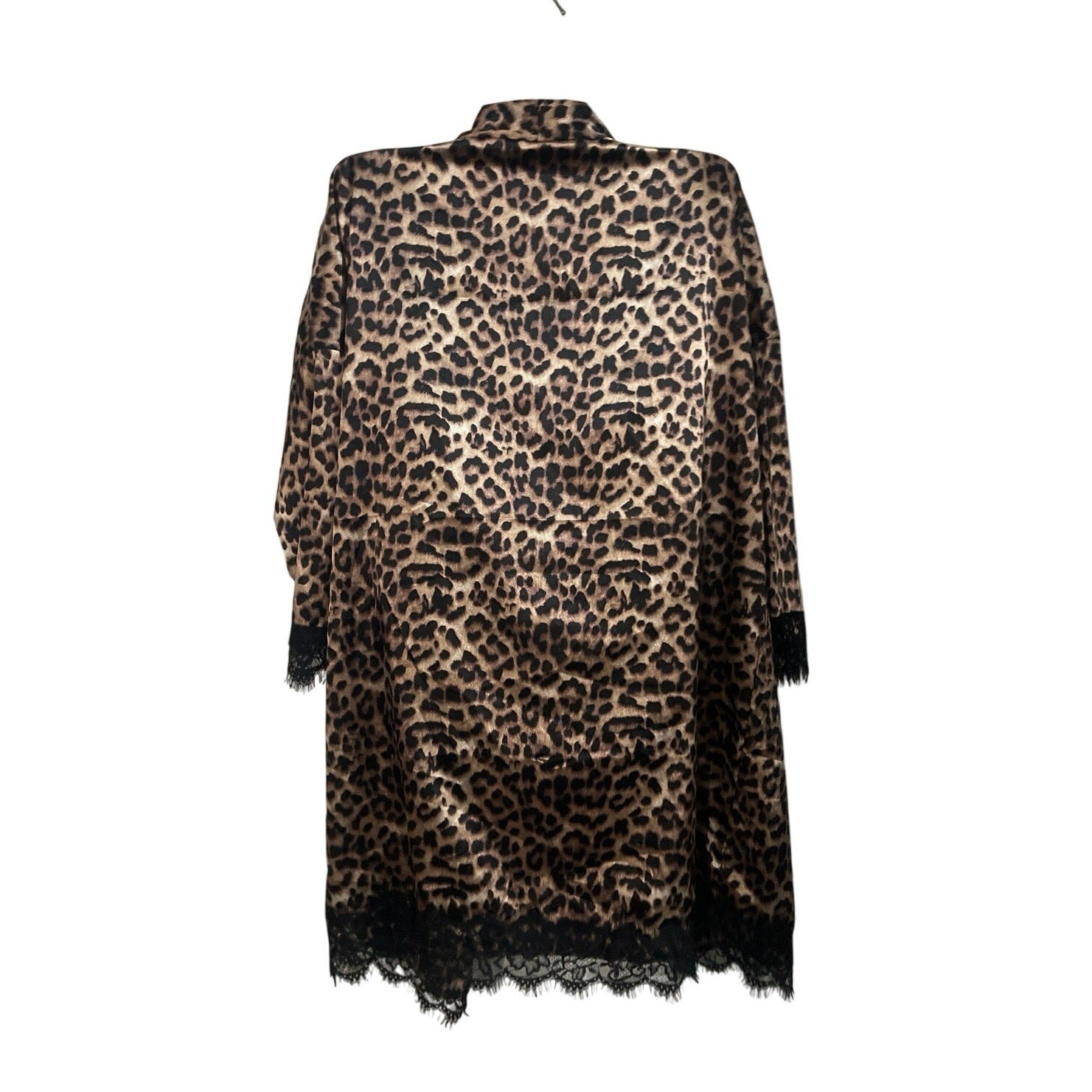 Open Front Kimono Style Robe Duster Leopard Print SZ XL Lace Trim Cardigan