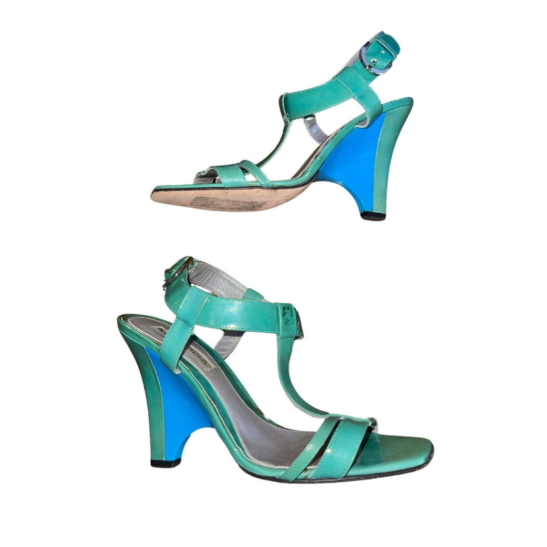 Via Spiga Teal Blue Green T Strap heel sandals open toe patent leather size 10