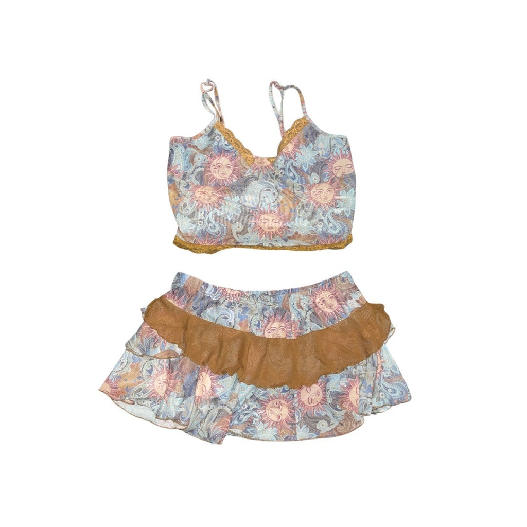 Shein Two Piece  Sun and Paisley Lace Mesh Top & Skirt Size Large BOHO festival