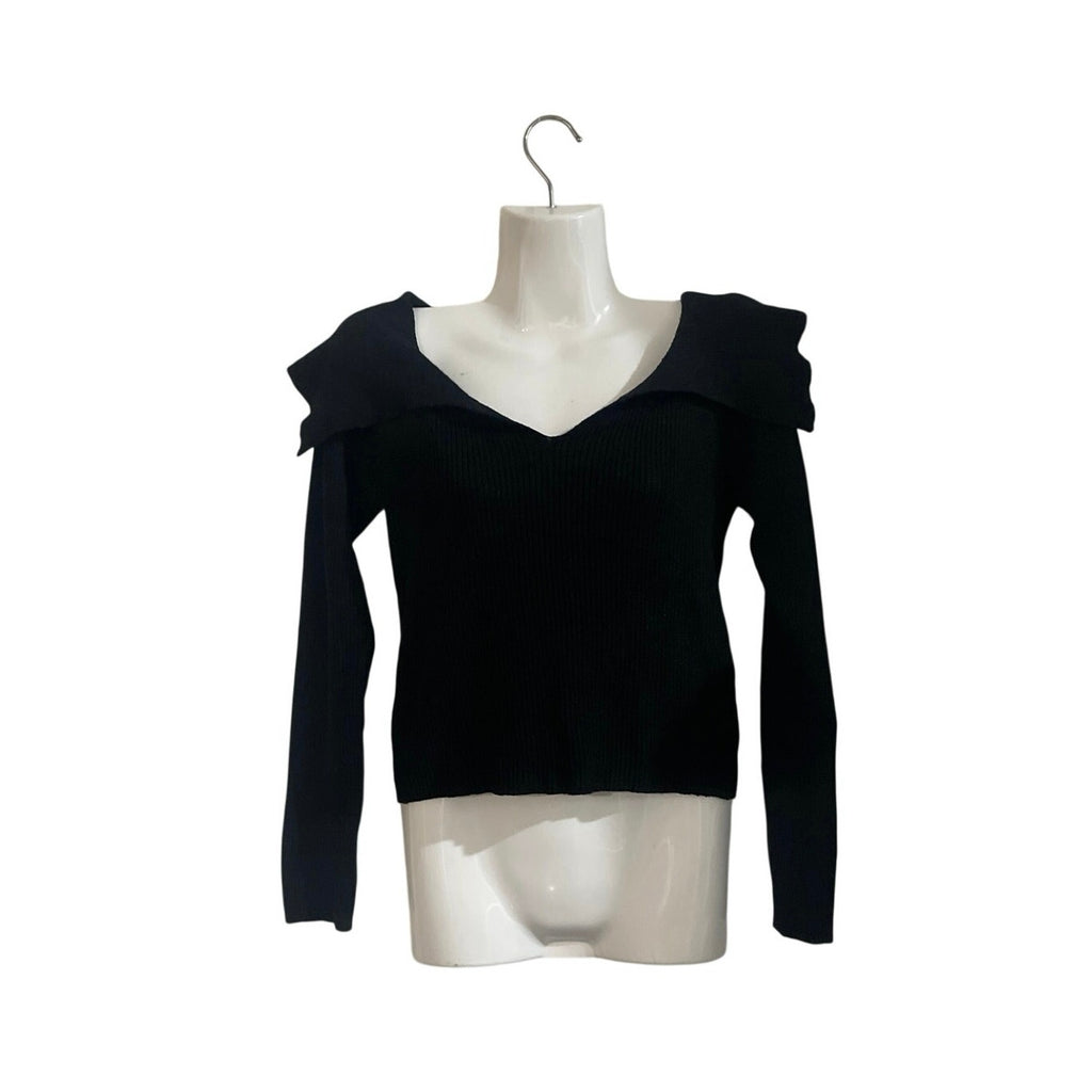 Steve Madden Black Ribbed Long Sleeve Collar Knit Top SZ S Form Fitted Y2K Chic