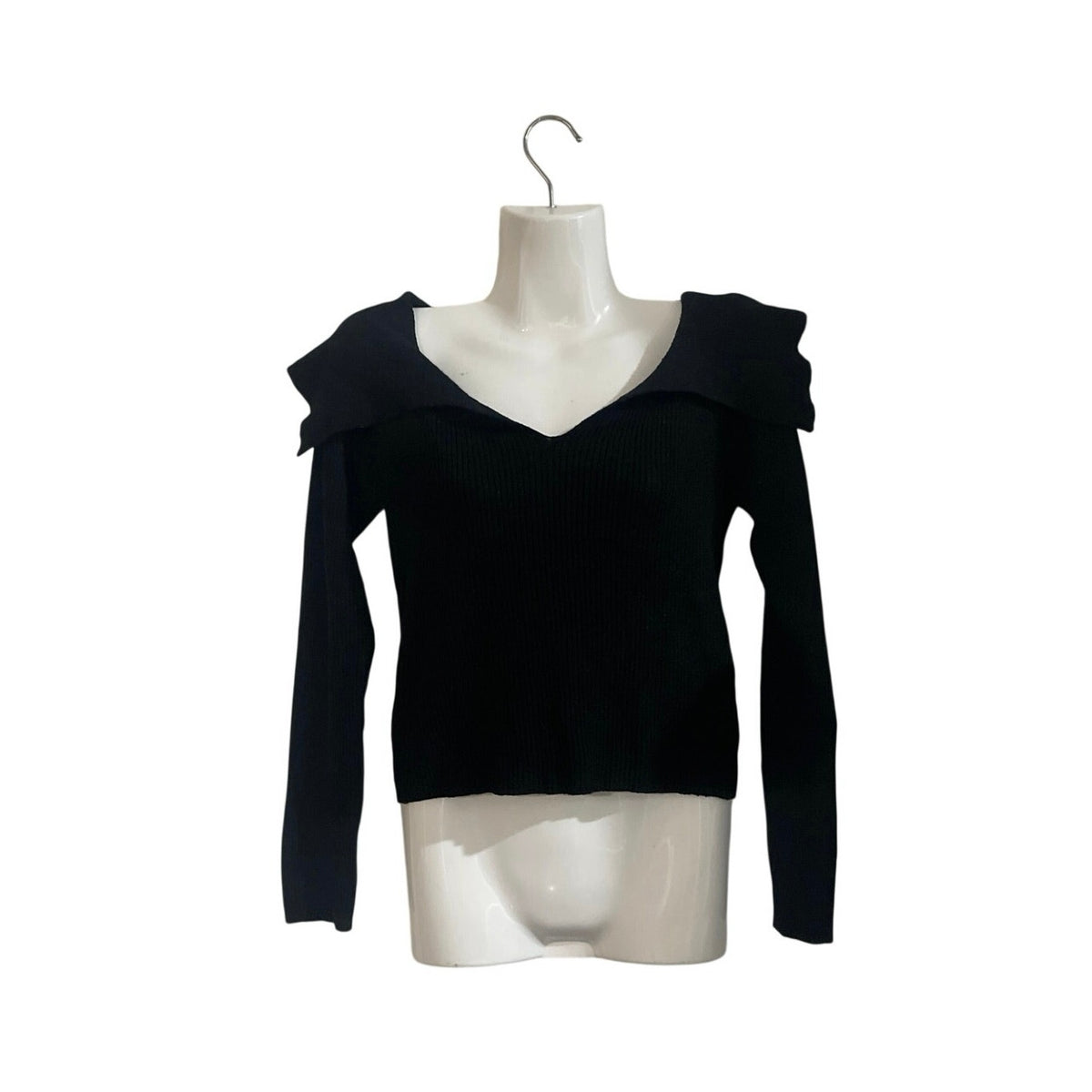 Steve Madden Black Ribbed Long Sleeve Collar Knit Top SZ S Form Fitted Y2K Chic