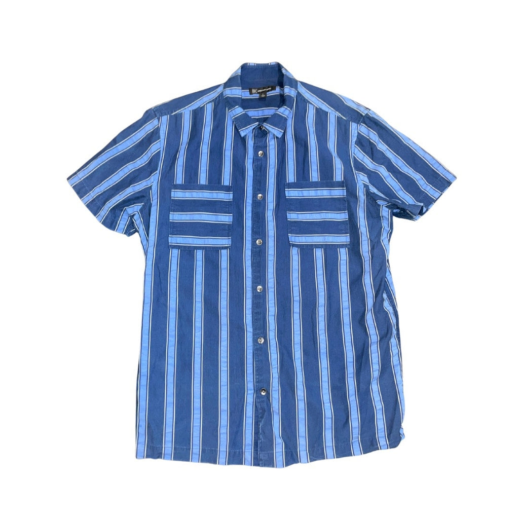 INC International Concepts Blue Striped Short Sleeve Shirt Large Nautical Coastal