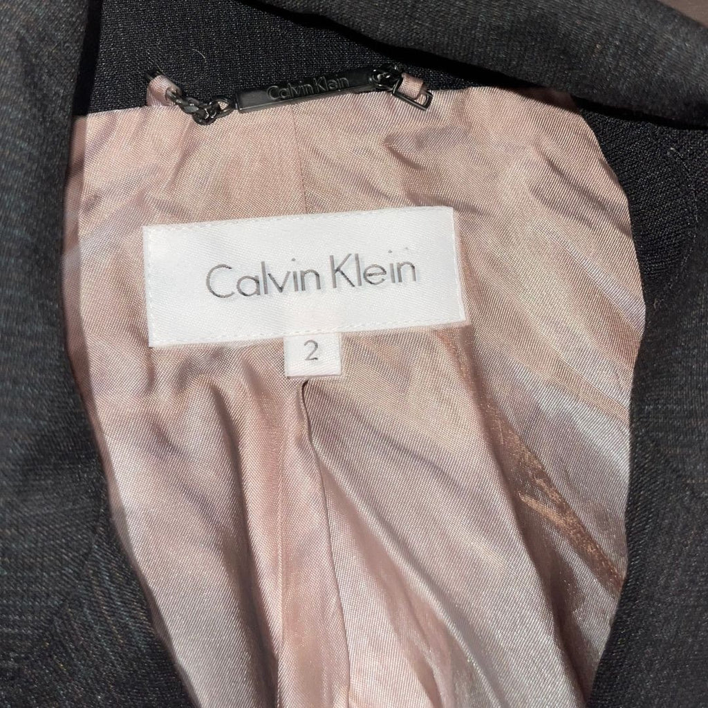 Calvin Klein One Button Long Blazer SZ 2 Wool Blend Career Professional Coat