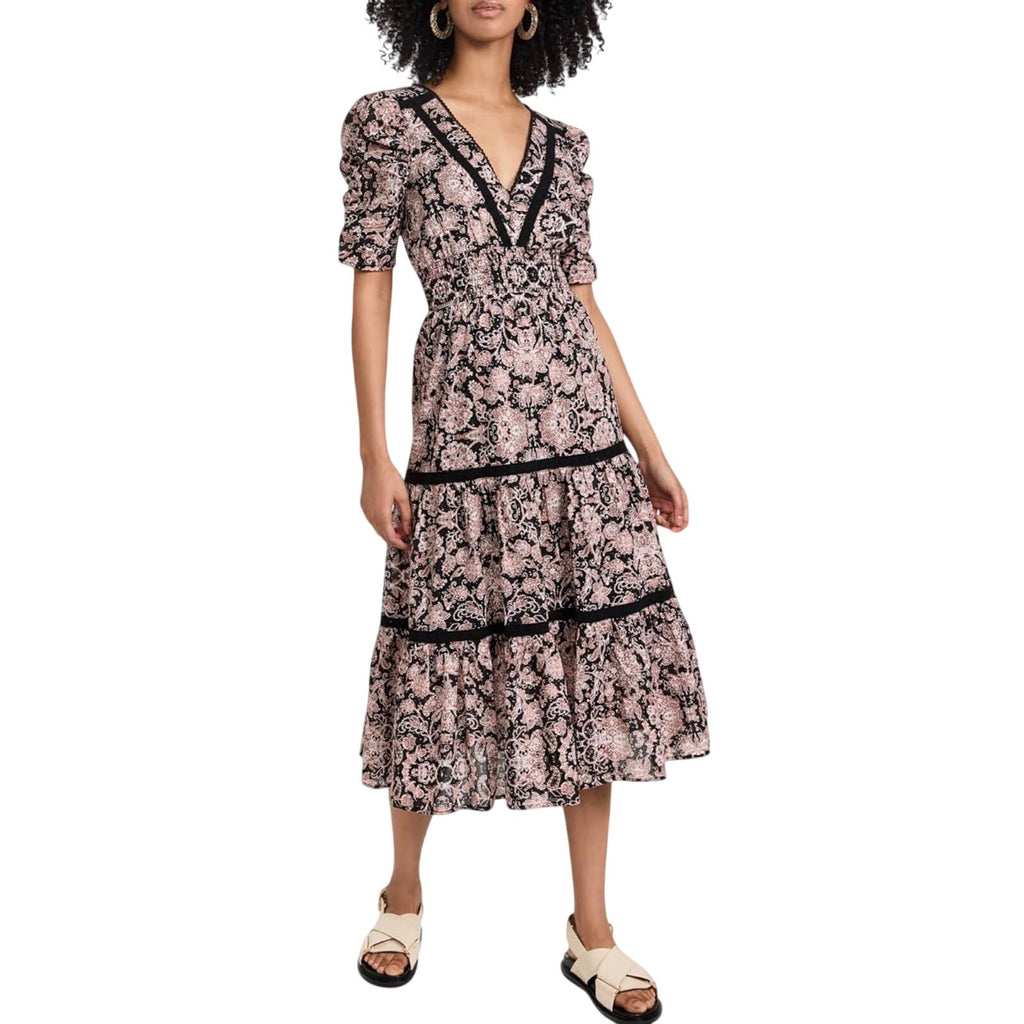 BB Dakota Steve Madden Boho Next Door Tiered Midi Dress Large Smoked Waist Lace