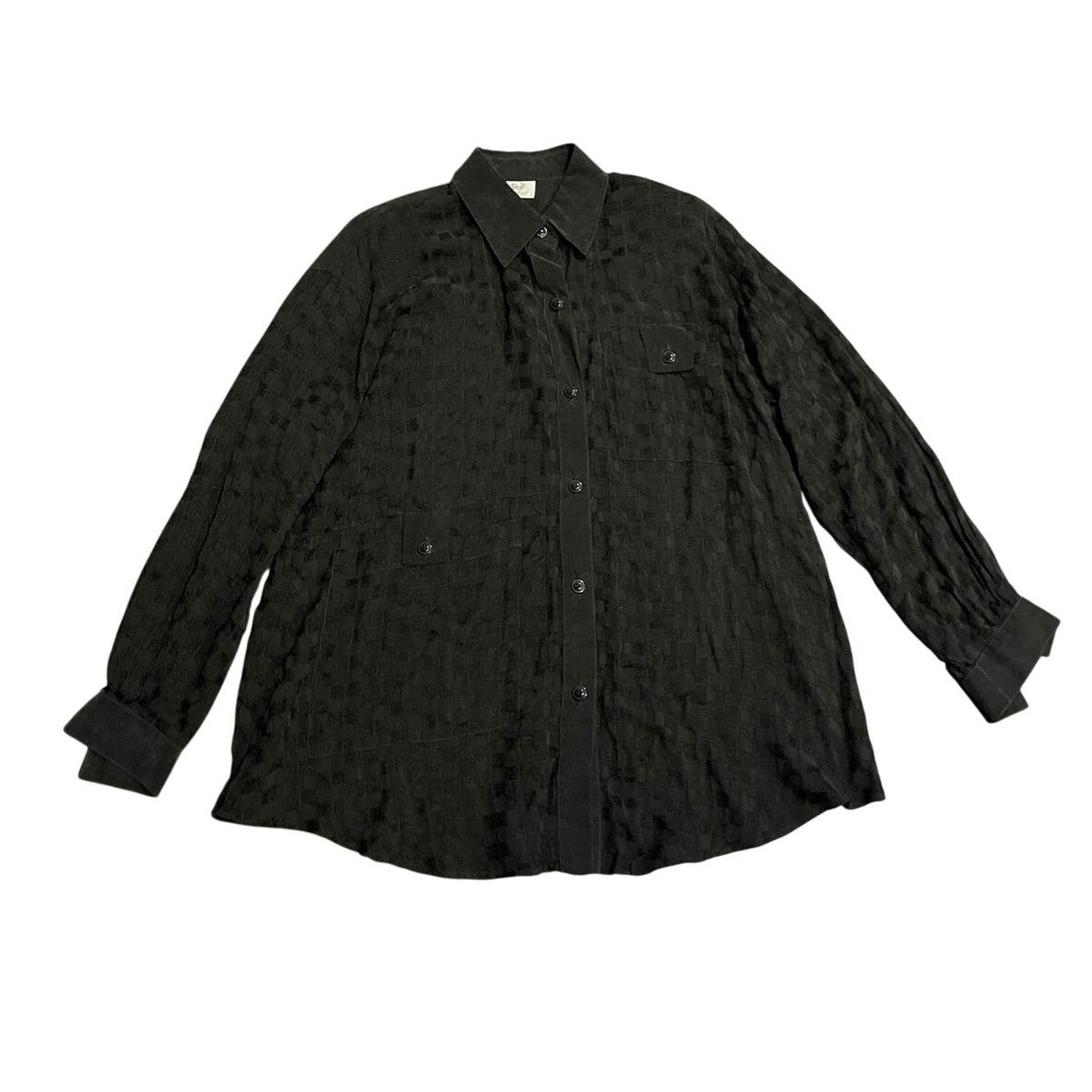 Vintage Landsford Sport Black Checkered Long Sleeve Button Blouse Shoulder Pads