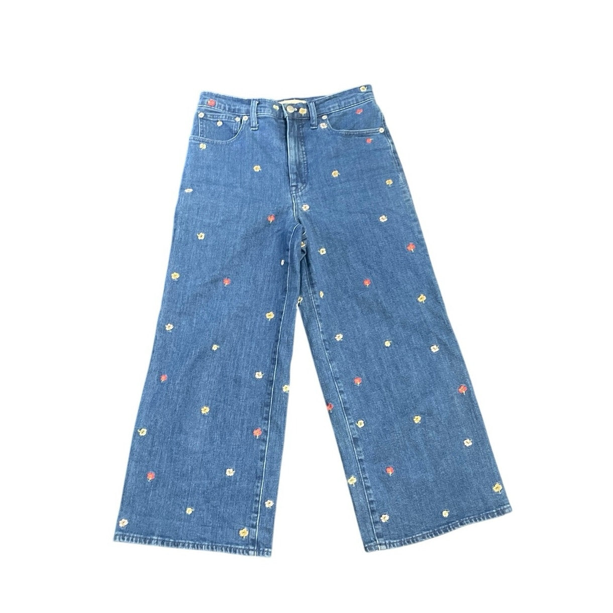 Madewell Confetti Floral Embroidered Denim Jeans Wide Leg Cropped SZ 27 Retro