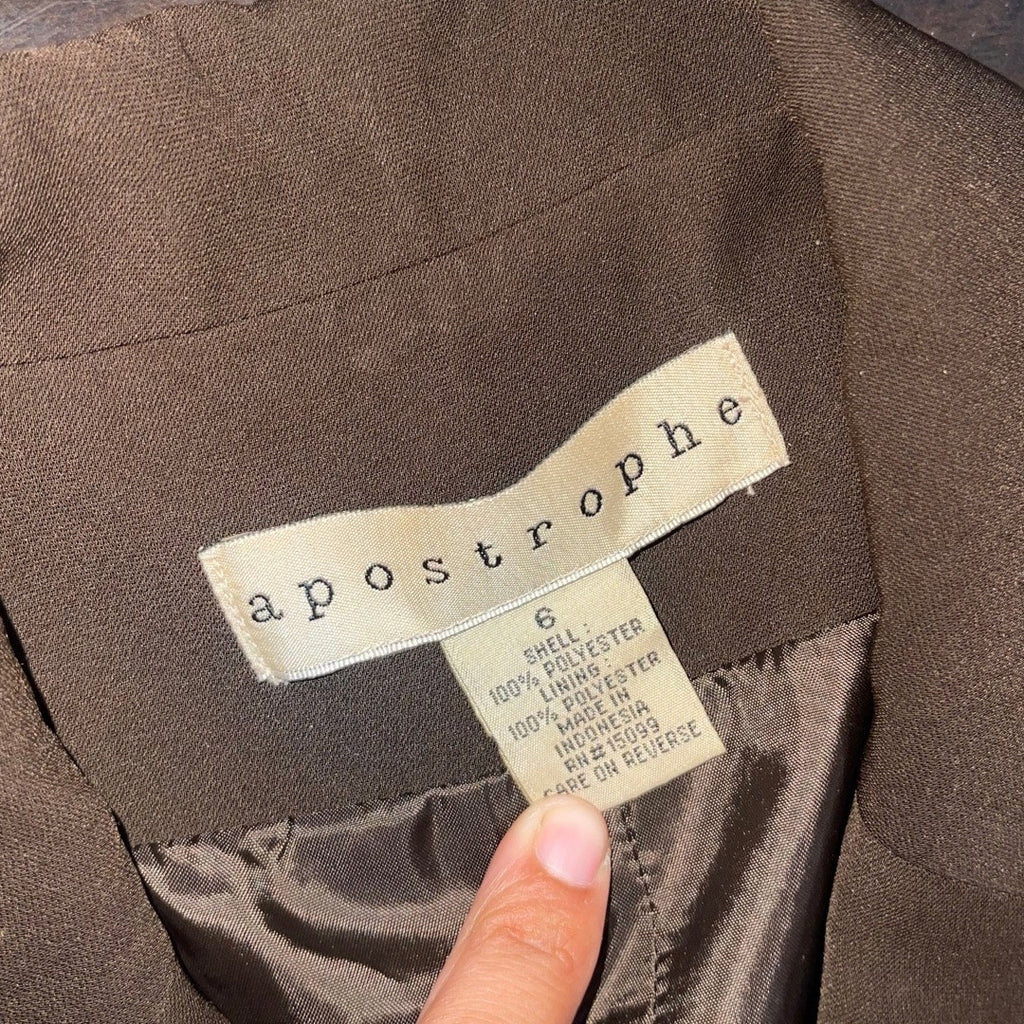 Apostrophe Long one button brown Blazer Size 6 Jacket Lined Career Professional