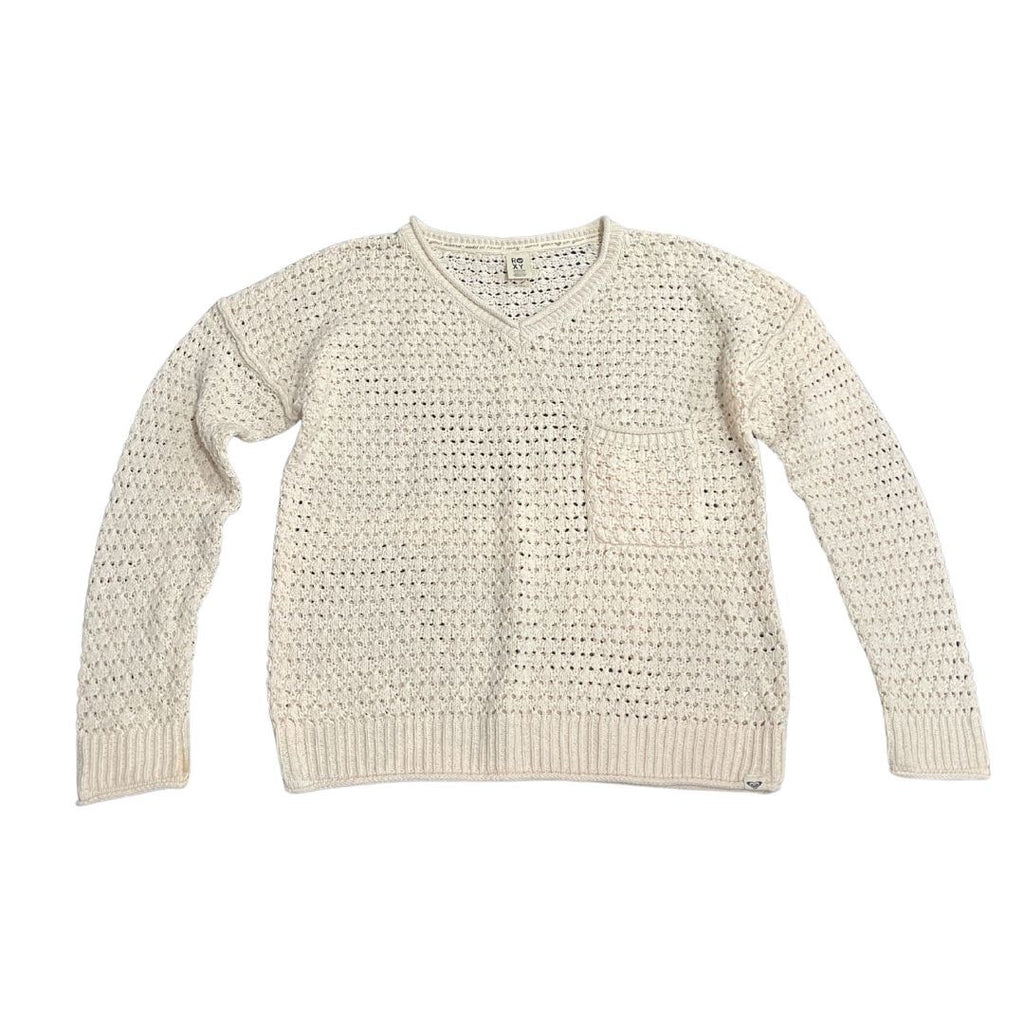 Roxy Open Knit Crochet V-Neck Sweater Size Medium Beachy Boho Indie Relaxed Fit