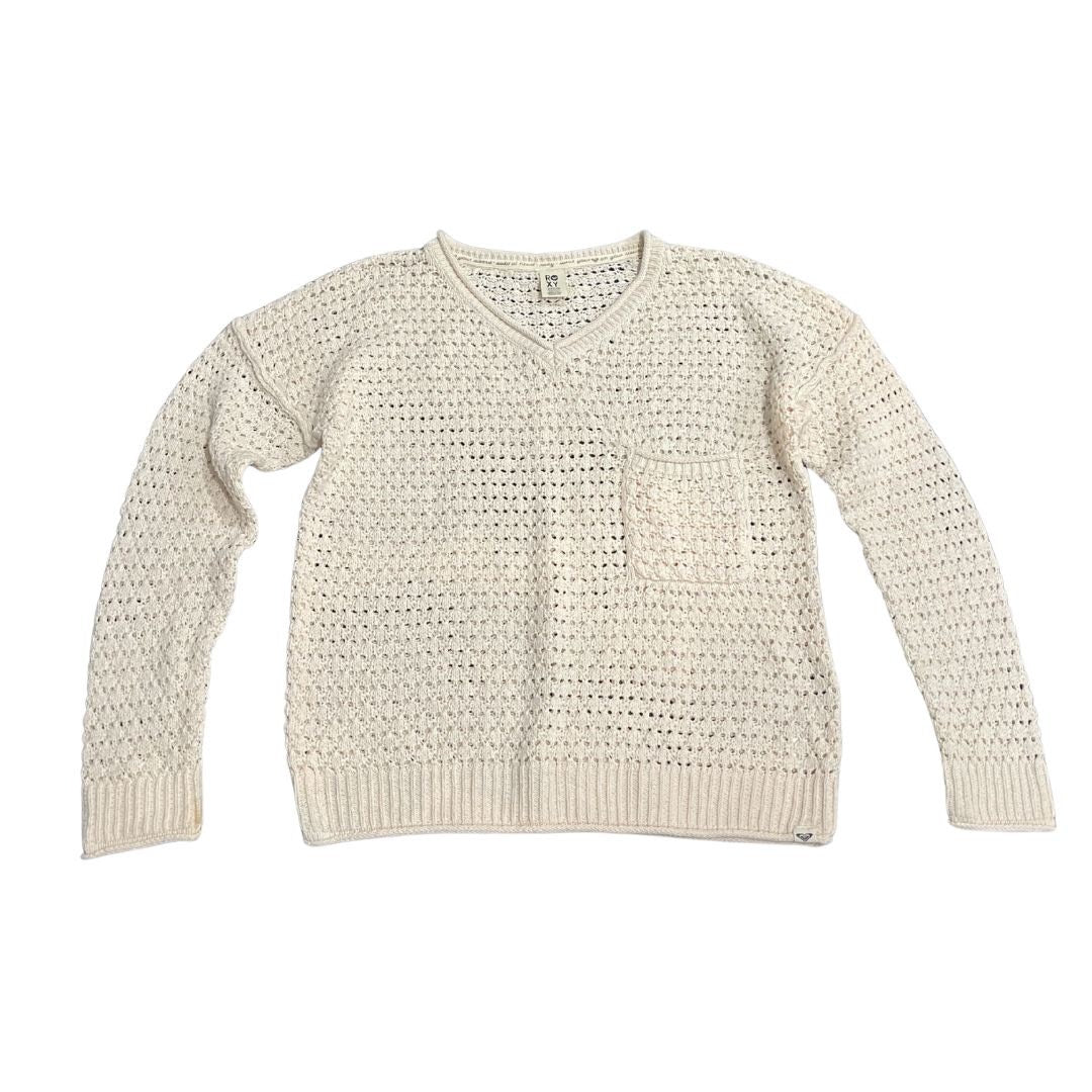 Roxy Open Knit Crochet V-Neck Sweater Size Medium Beachy Boho Indie Relaxed Fit