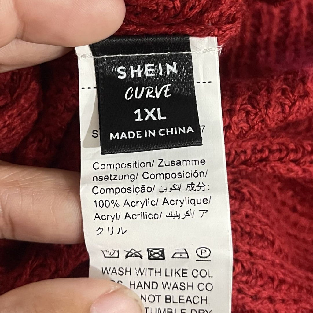Shein Red Peplum Lace Trim Sweater Top Button Plus Size 1XL Preppy Academia Chic