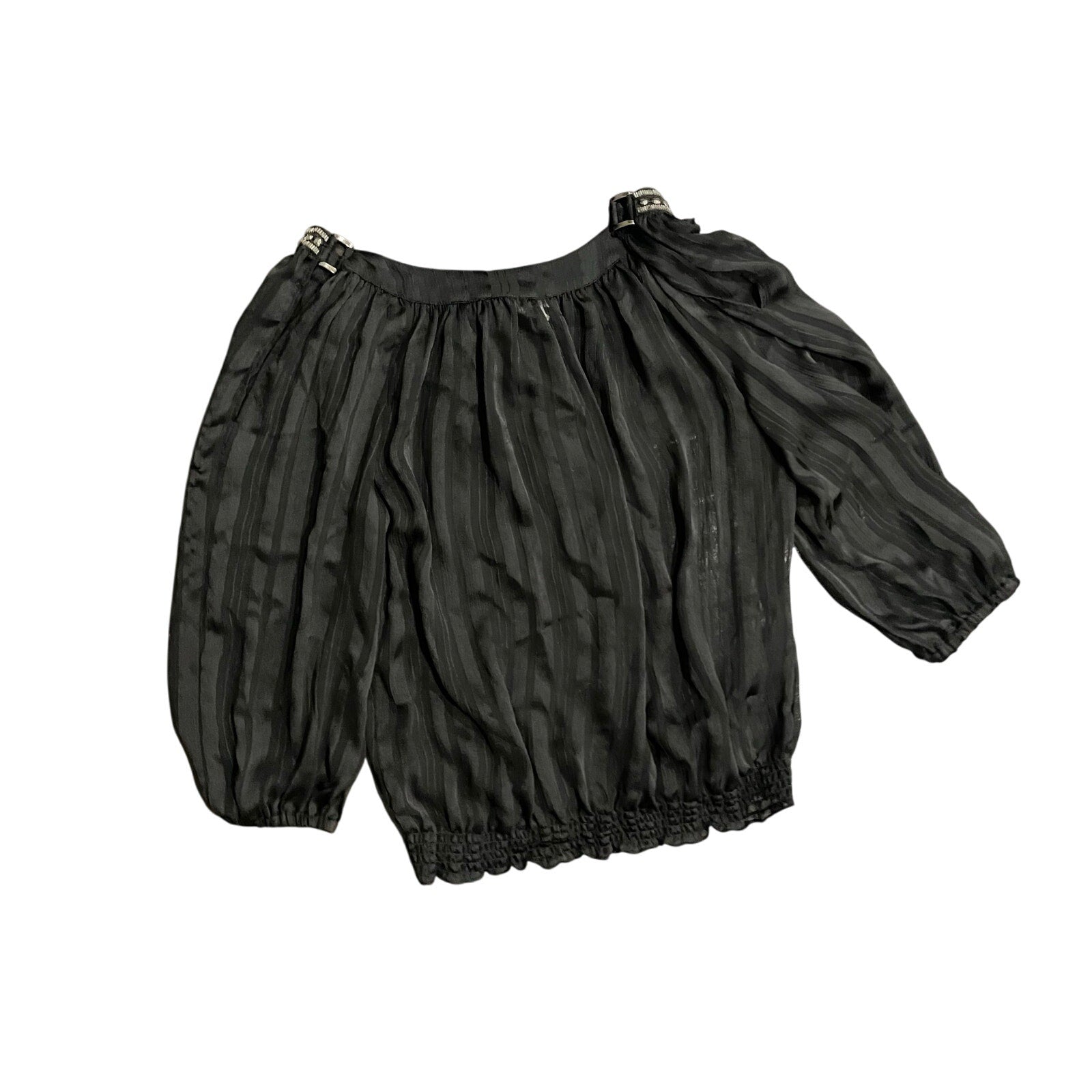 Cache Vintage sheer blouse 3/4 sleeves elastic cuff 90s tie studded neckline Y2K Size M