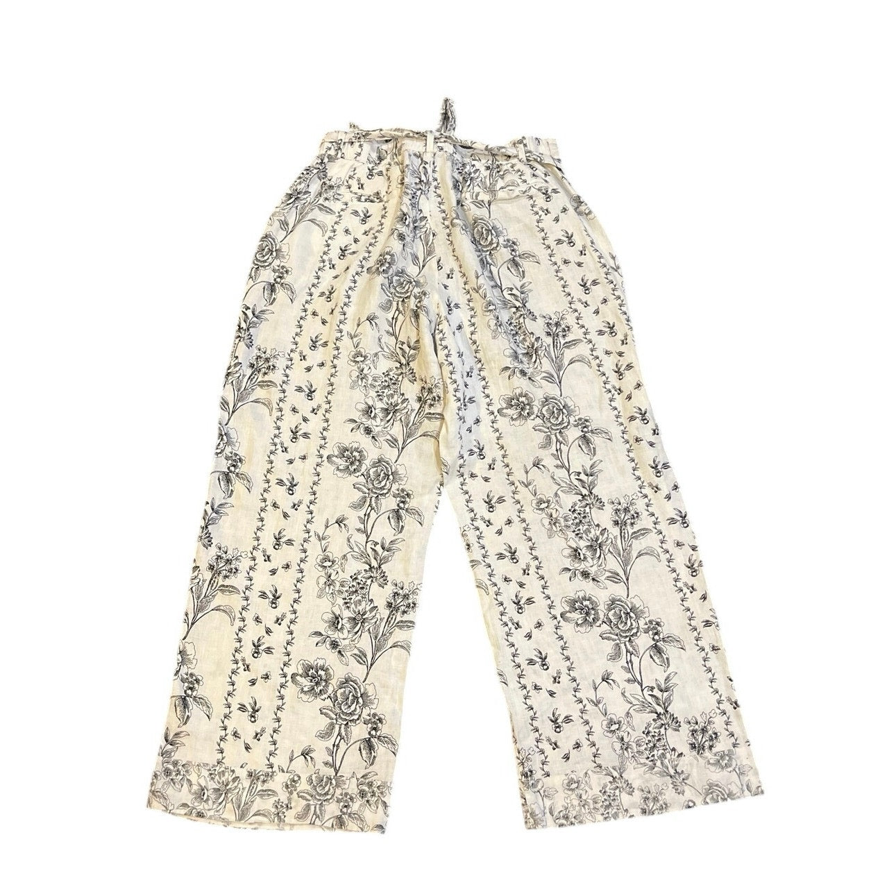 Joie Linen Wide Leg Floral Toile Button Tie Waist Pants XL Vacation Beach Casual