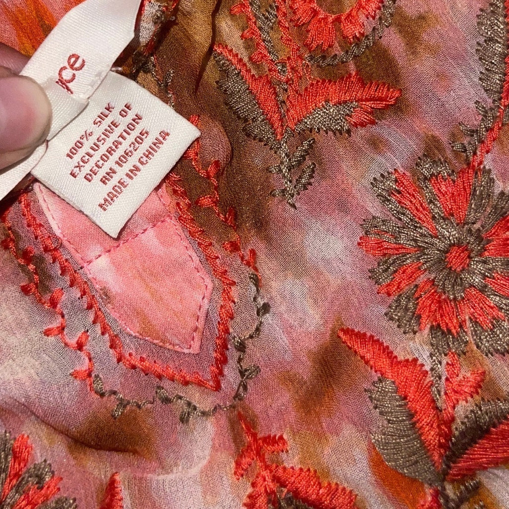 Sundance Women's 100% Silk Blouse Orange Pink Tie-Dye Boho Top Size PL