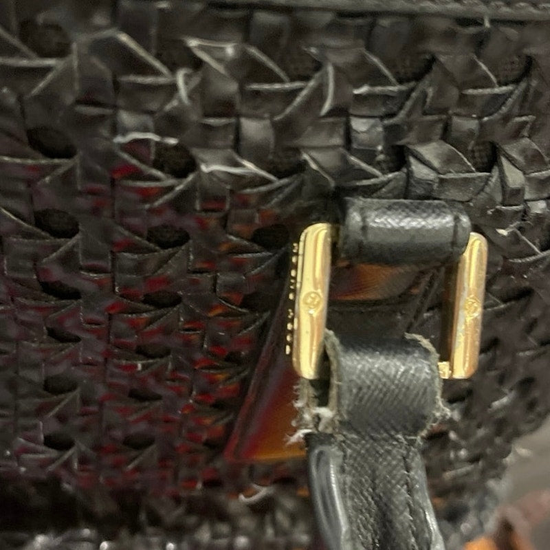 Tory Burch Logo Robinson Black Basket Woven Leather Satchel Tote Handbag Classic