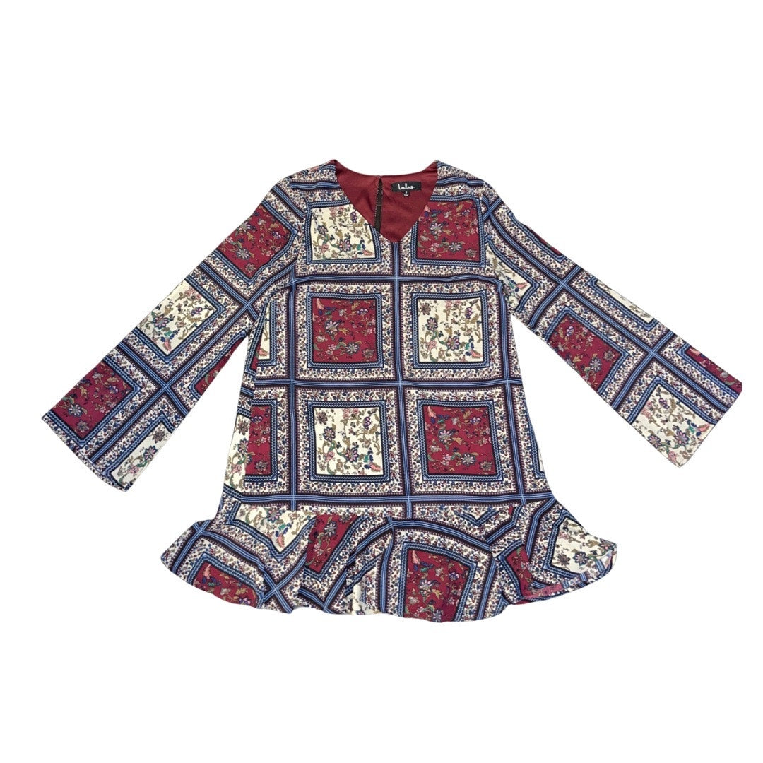 Lulus Cream & Plum Multi Print Patchwork Long Sleeve Shift Dress Boho Festival Size Small