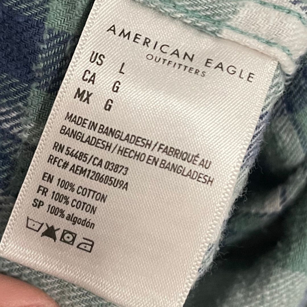 American Eagle Standard Fit Super Soft Green Plaid Flannel Shirt Size Large