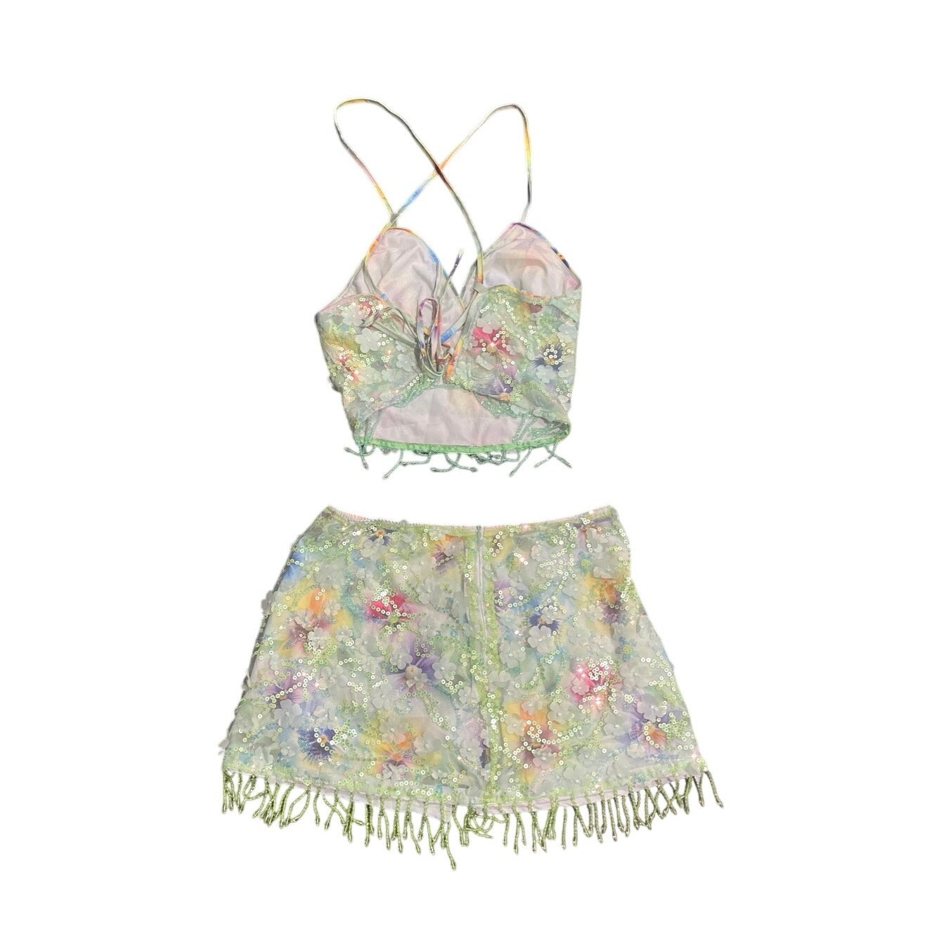 Shein Two Piece Beaded Sequin Floral Top Mini Skirt Size M Y2K Fairy Whimsy