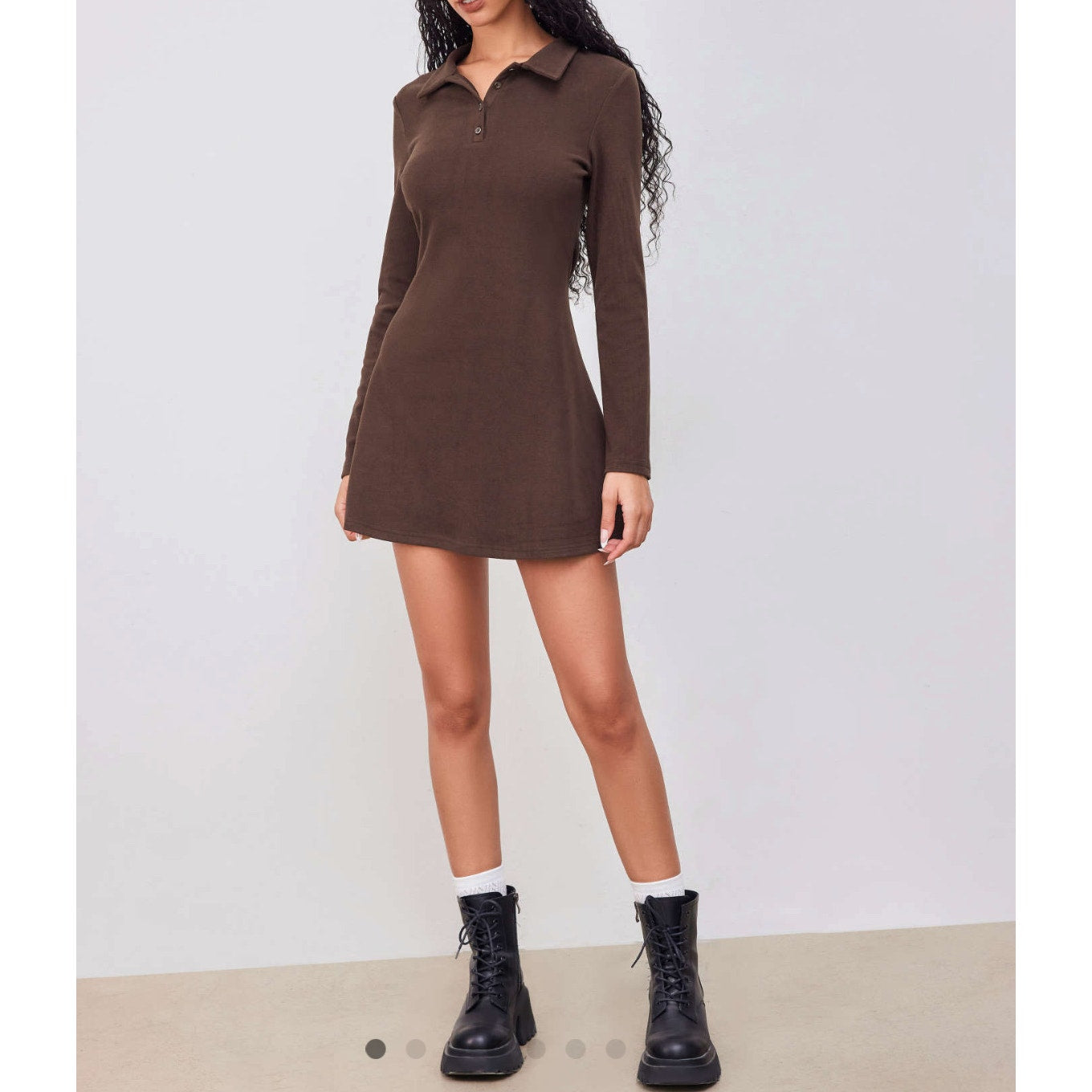 Cider Jersey Collar Half Button Mini Dress Long Sleeve Preppy Academia NWT