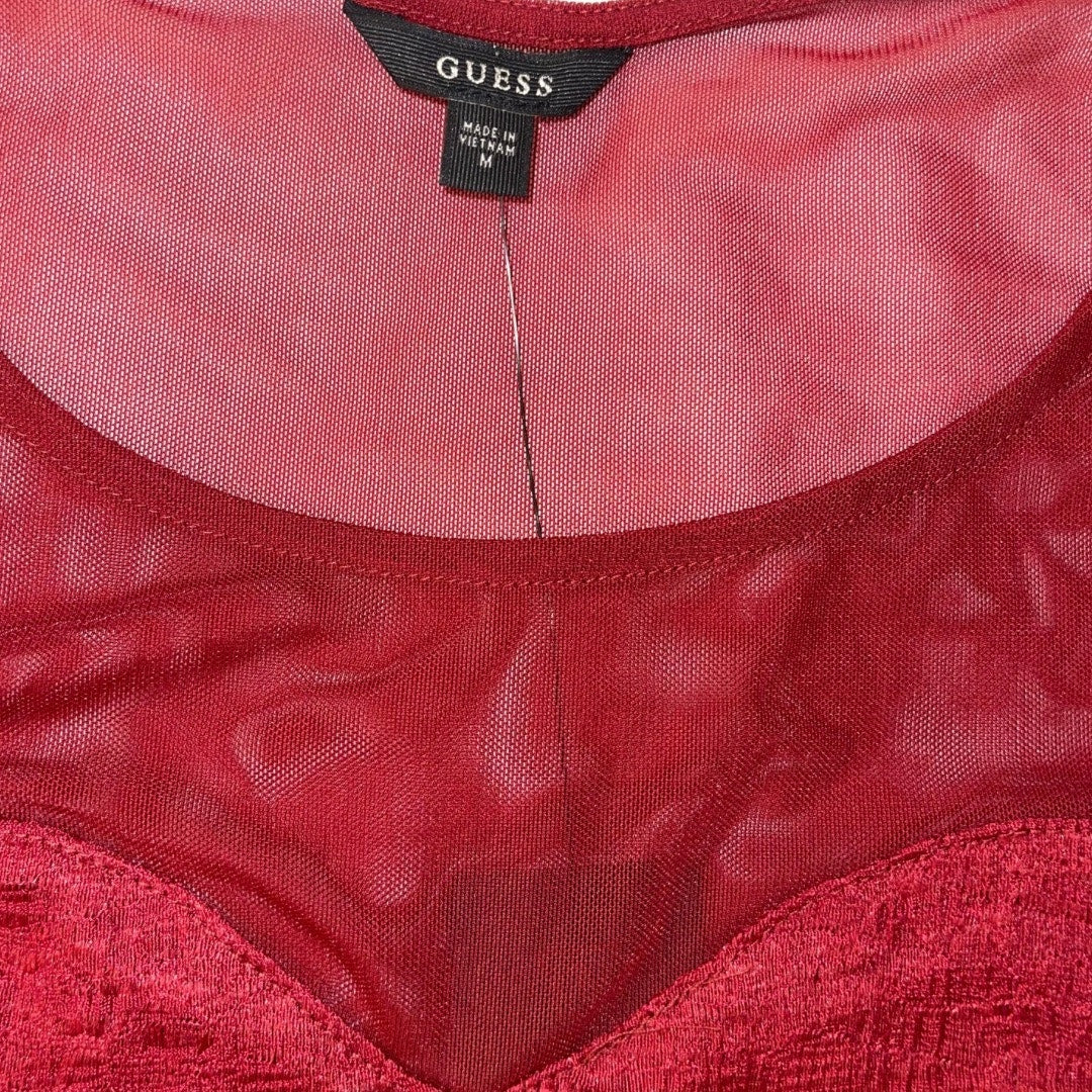 Guess Lace Mesh LillyAna Blouse Top Burgundy Short Sheer Sleeves NWT