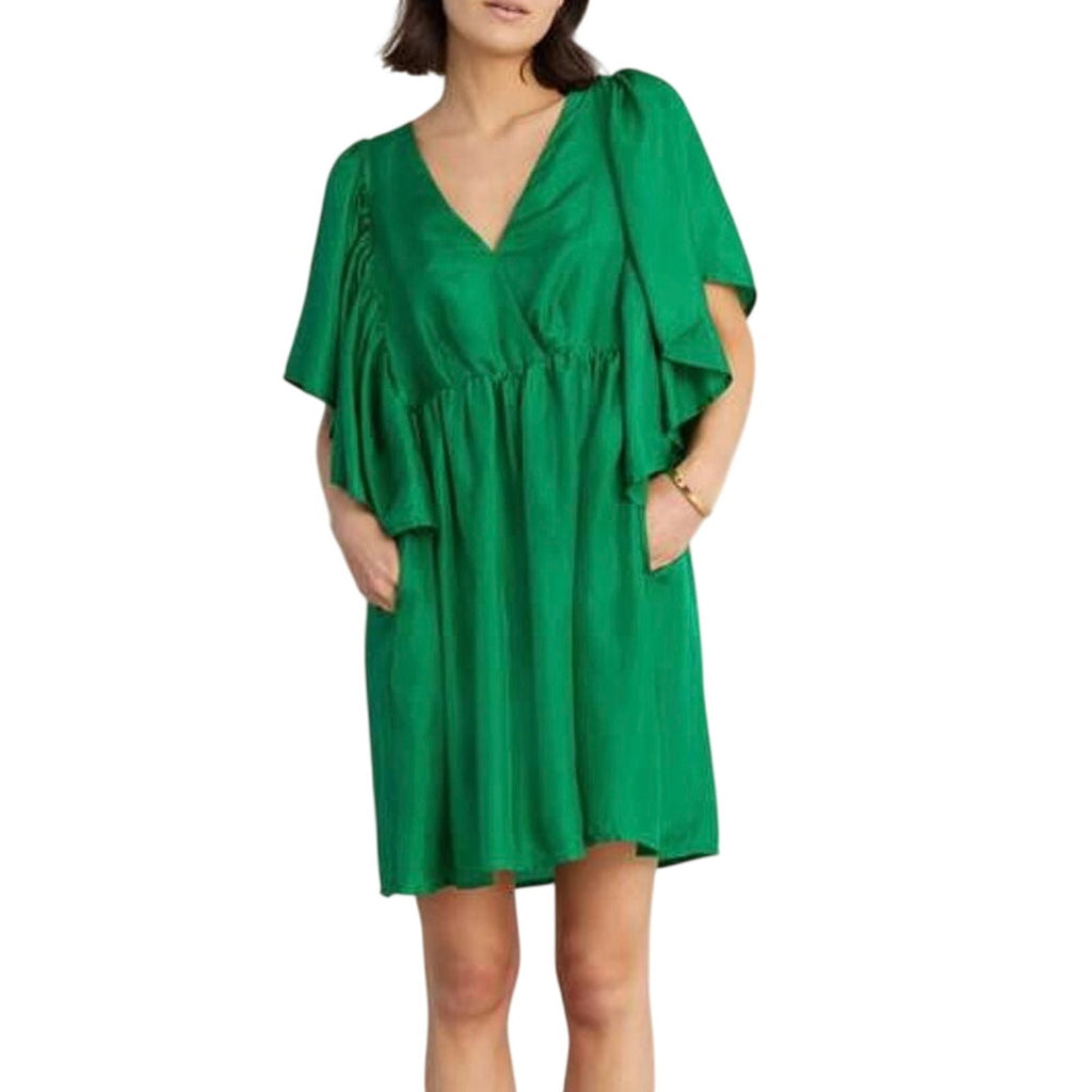 Munthe Distant Green Dress 100% Silk Short Size 36 (4) Bat Sleeves Flowy Artsy