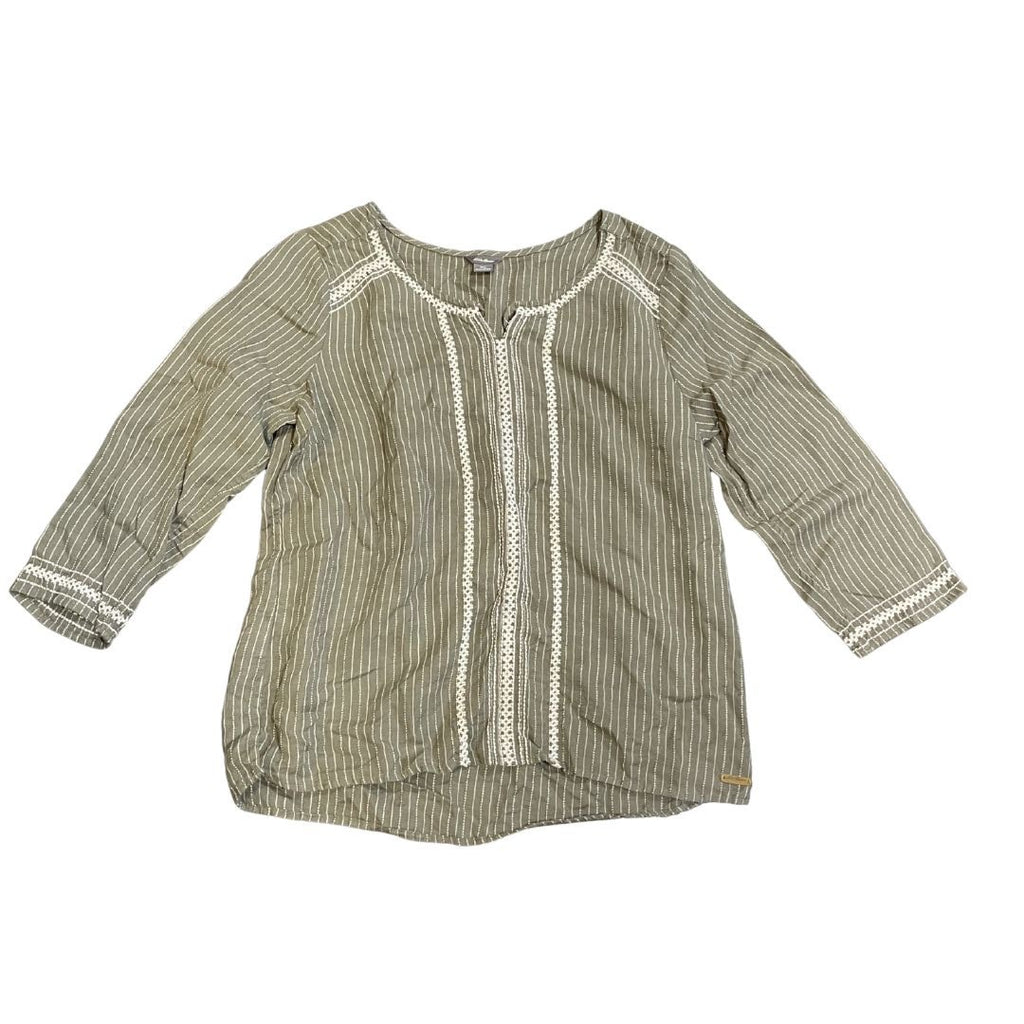 Eddie Bauer Boho Embroidered Tunic Blouse Top SZ PM Peasant Cottage Linen Blend