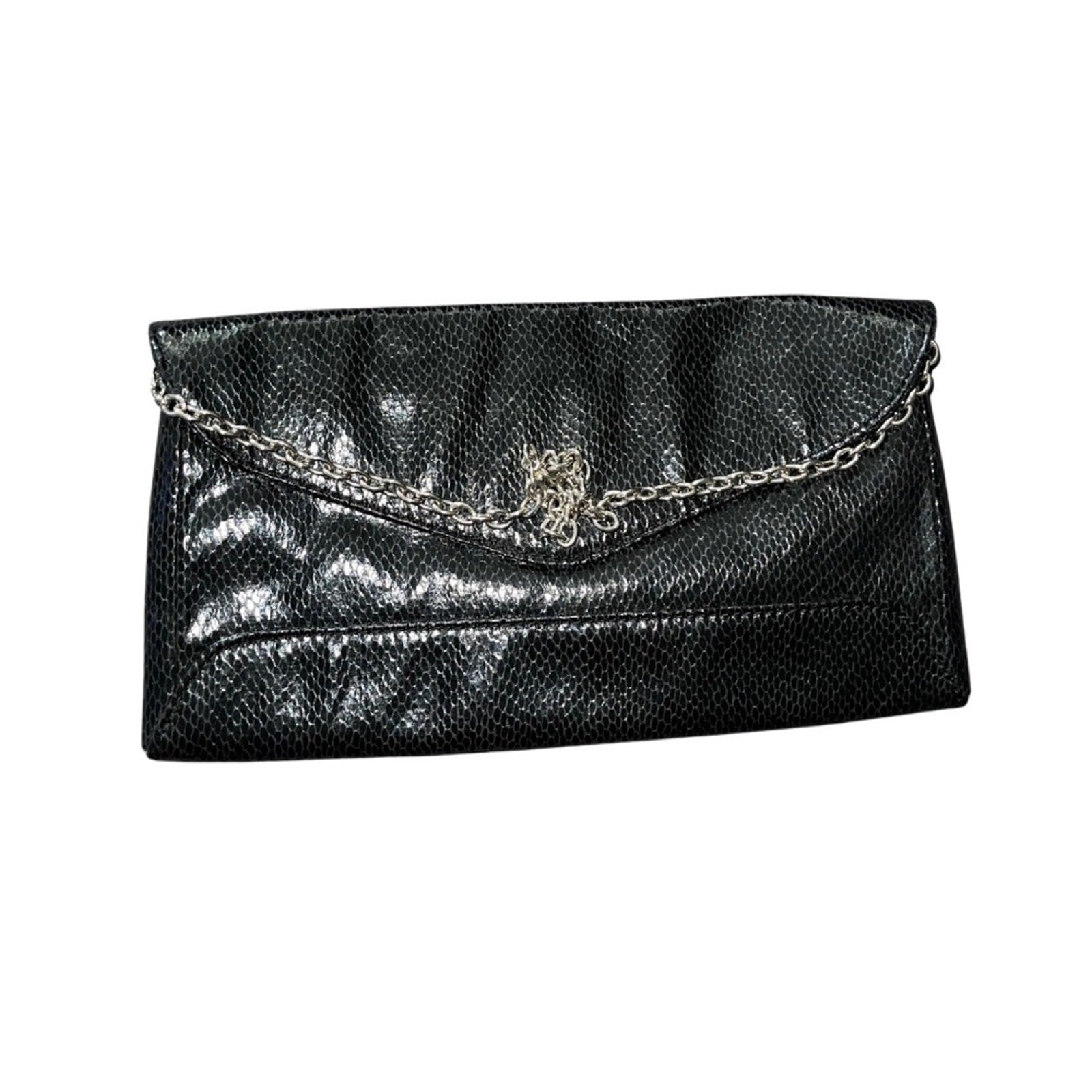 Vintage Ann Taylor Black Faux Leather Clutch purse Chain strap Envelope Fold