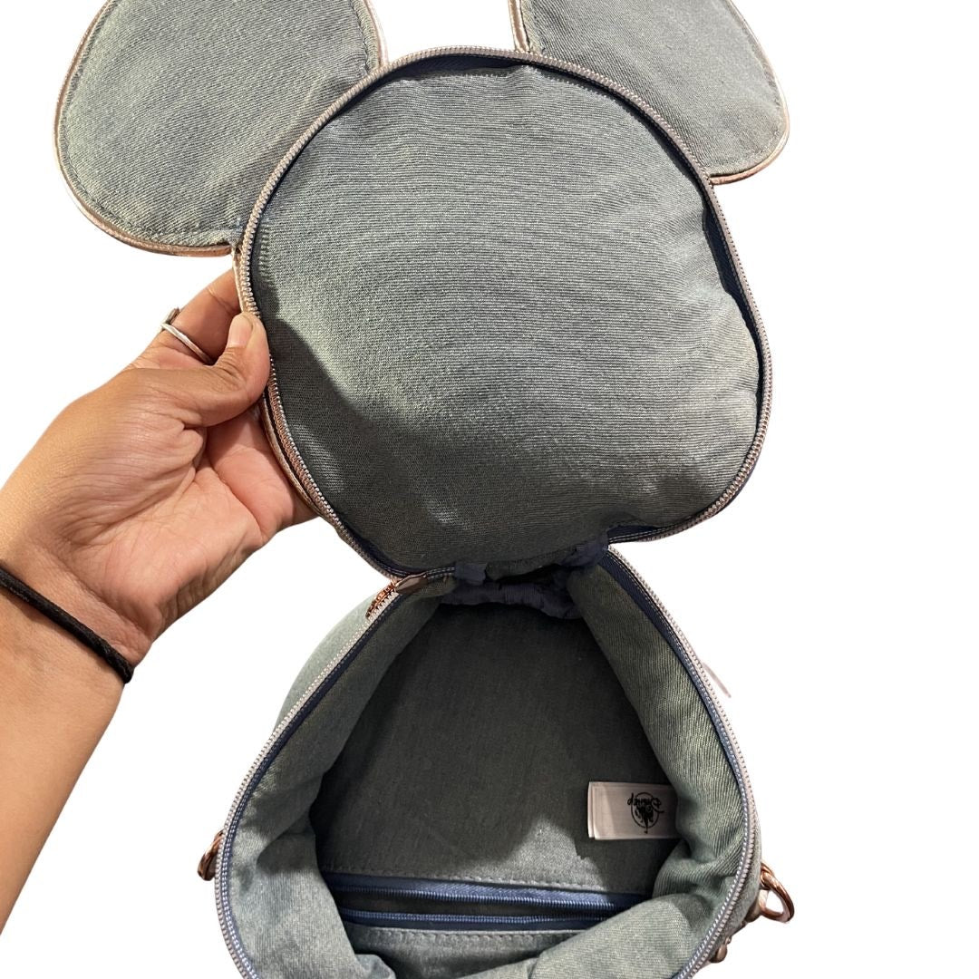 Disney Parks Denim Mickey Mouse Icon Quilted Pin Trading Crossbody Bag Purse