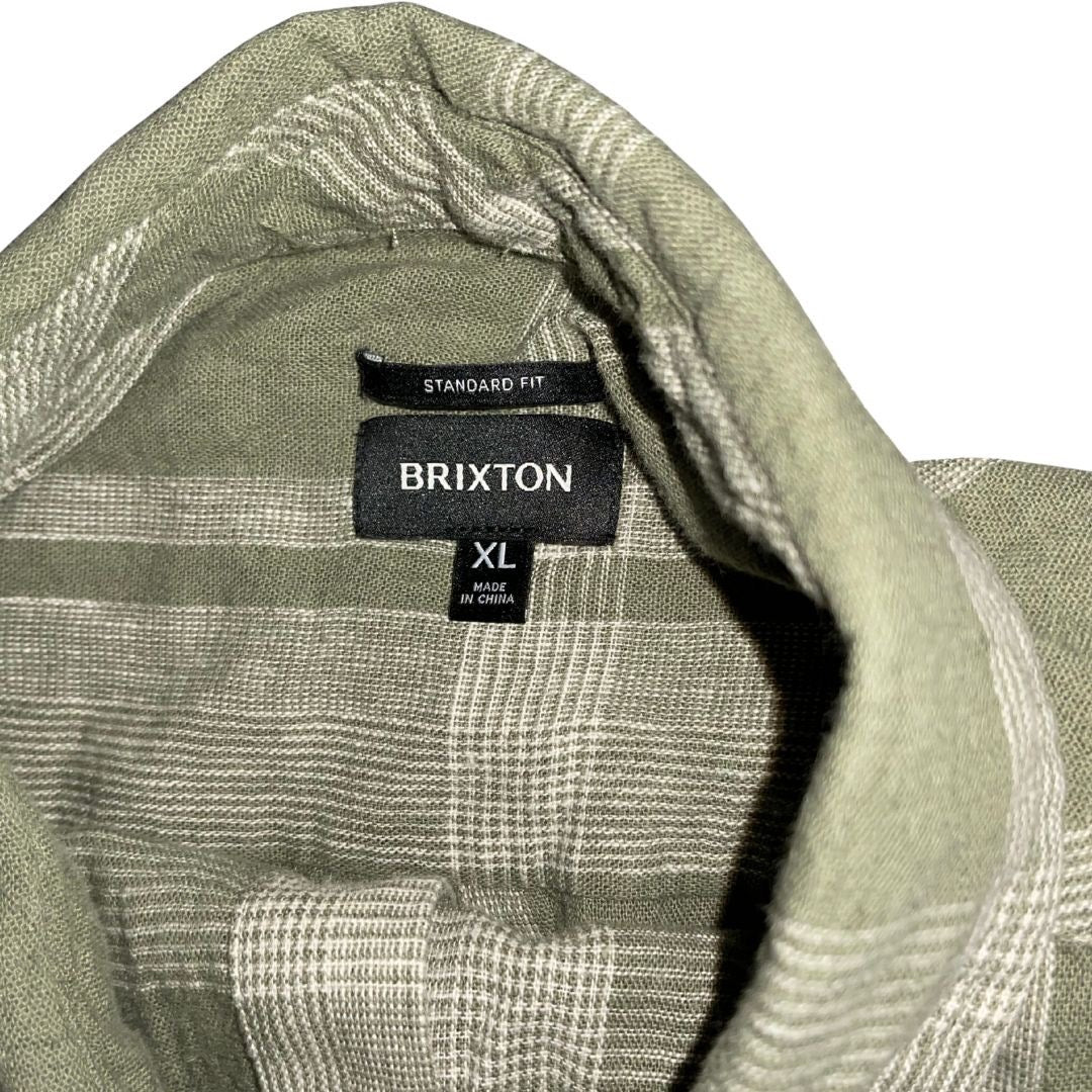 Brixton Mens Linen Blend Olive Plaid Button up Long Sleeve Shirt Size Large