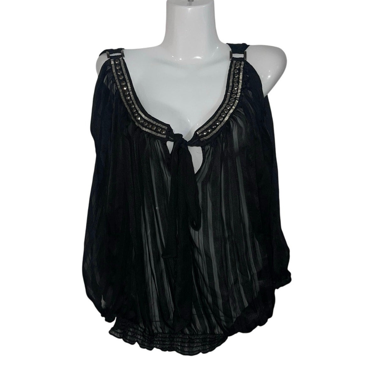 Cache Vintage sheer blouse 3/4 sleeves elastic cuff 90s tie studded neckline Y2K Size M