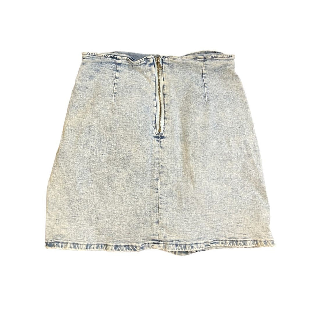 Stone Wash Denim Faux Ruched Wrap Jean Skirt Stretch Large 80s Disco Y2K Vintage