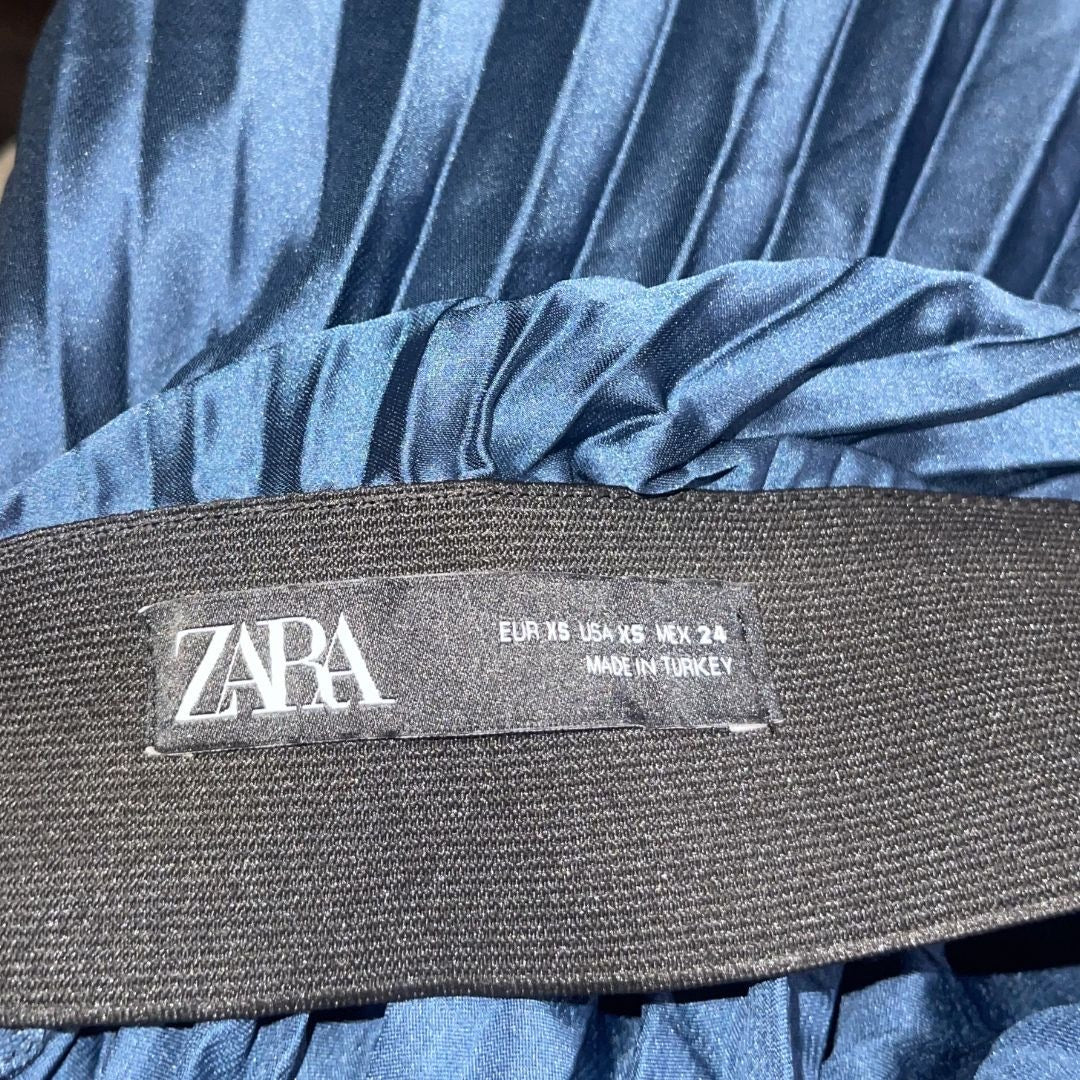 Zara Electric Blue Satin Pleated Midi Skirt SZ XS Elastic Waistband Classy Chic