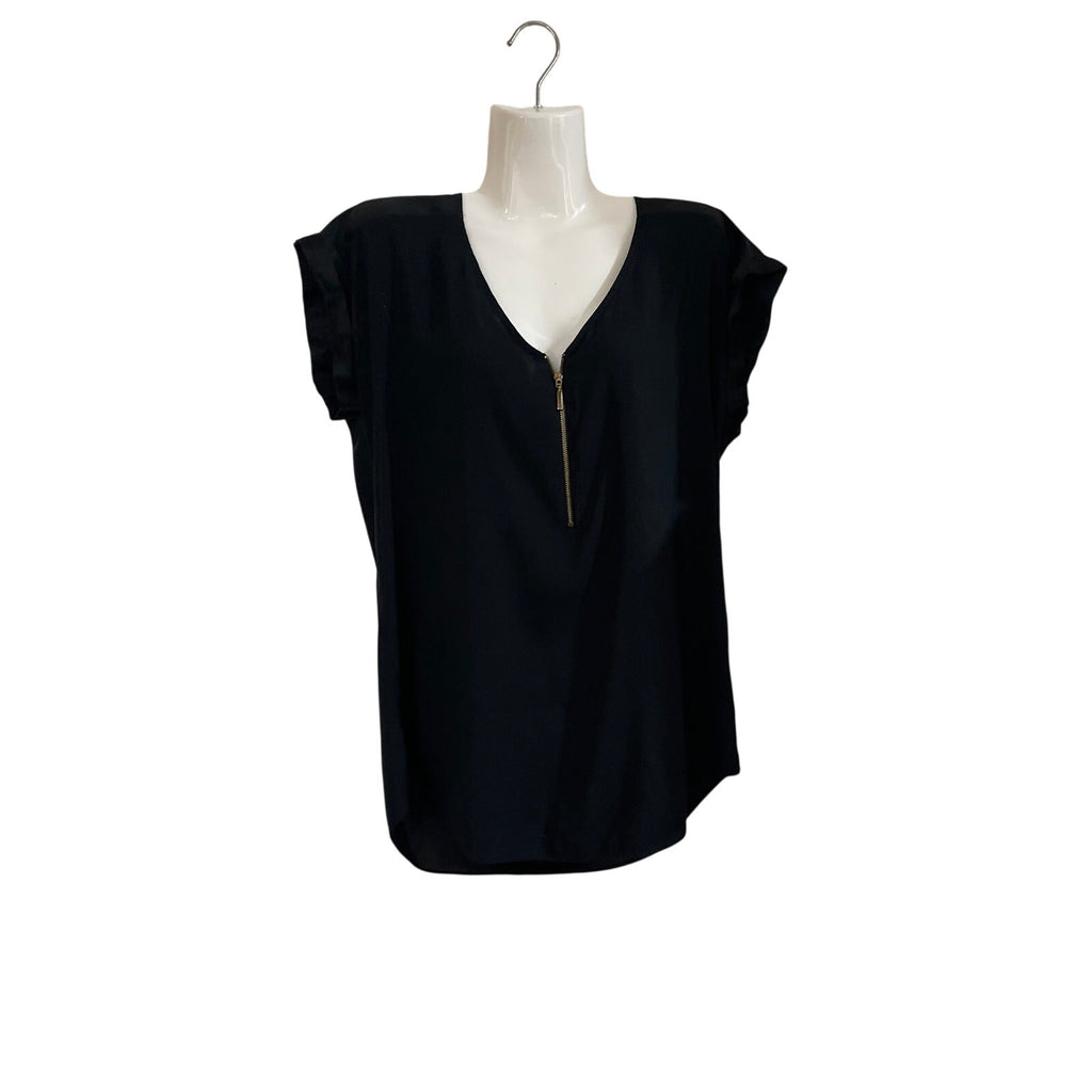 Express Short Sleeve V-Neck Gold Zipper Satin Blouse Large Elegant Office Chic