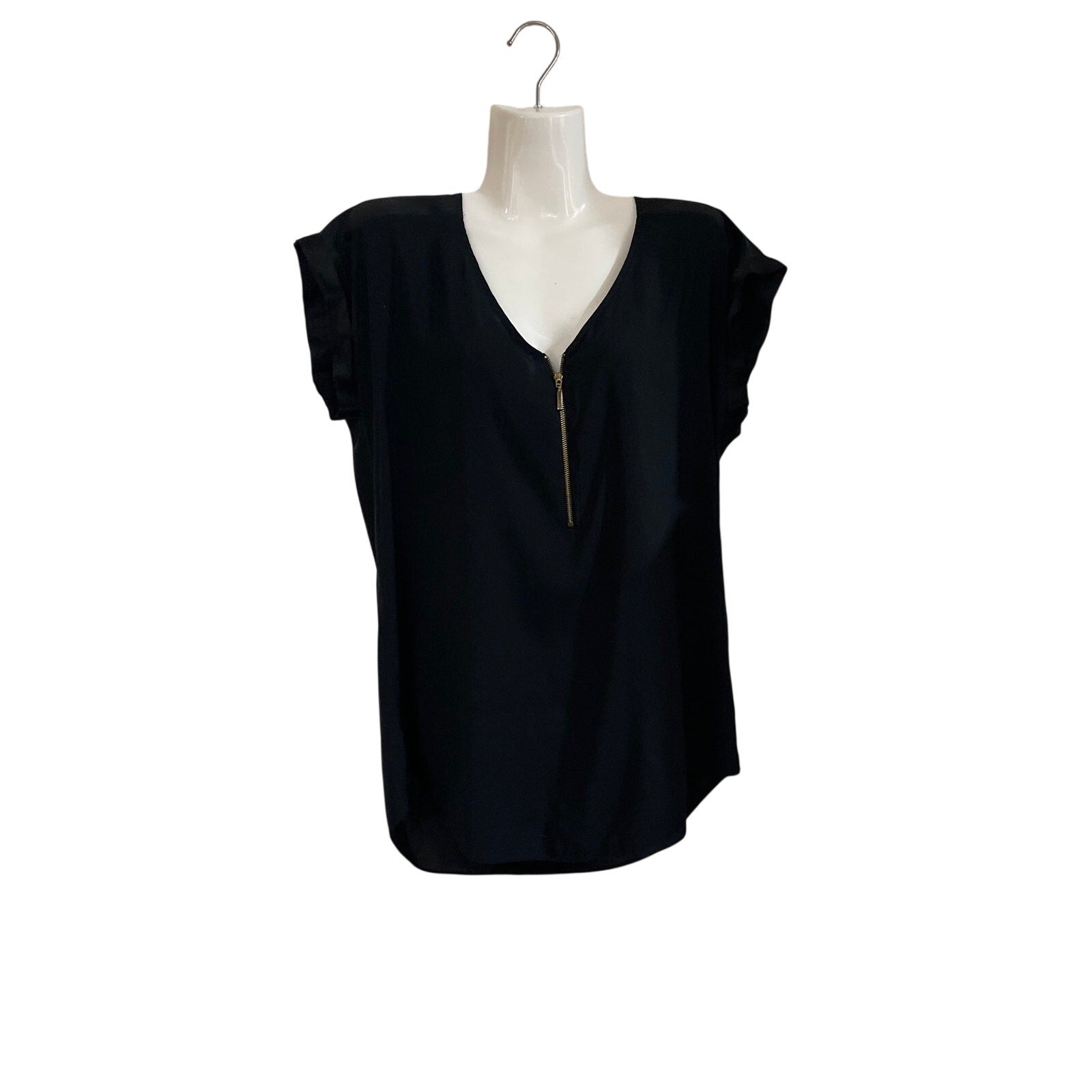 Express Short Sleeve V-Neck Gold Zipper Satin Blouse Large Elegant Office Chic