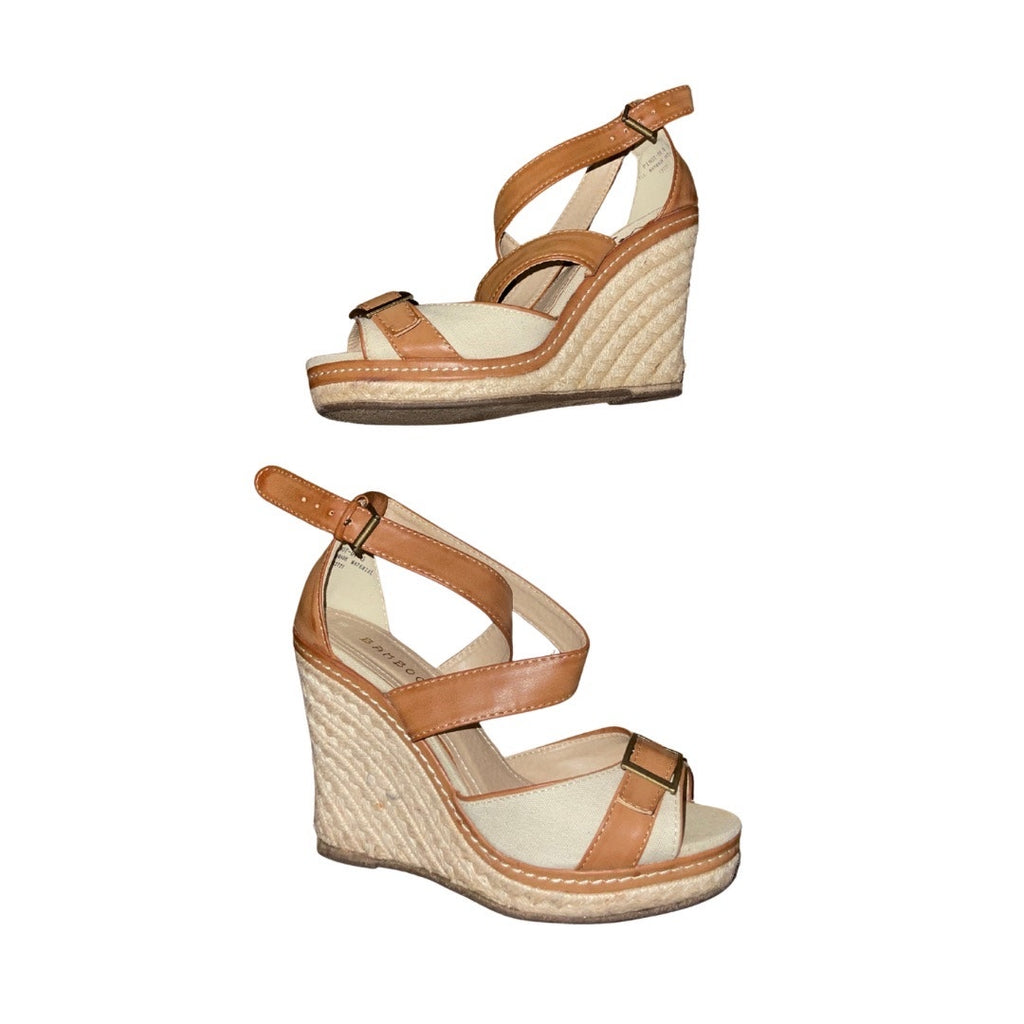 Bamboo Buckle Ankle Cross Strap Woven Wedge Peep Toe Size 6 Espadrille