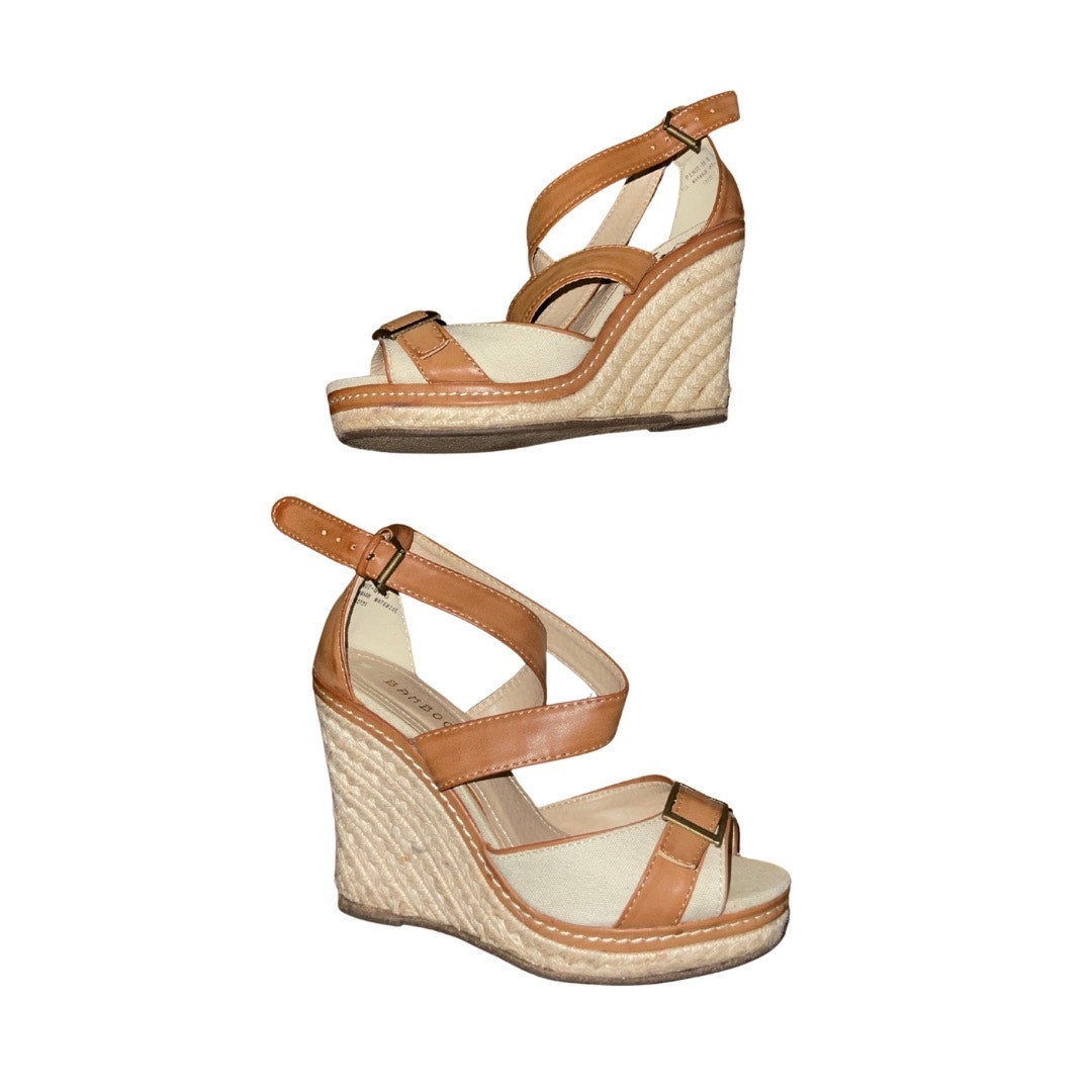 Bamboo Buckle Ankle Cross Strap Woven Wedge Peep Toe Size 6 Espadrille
