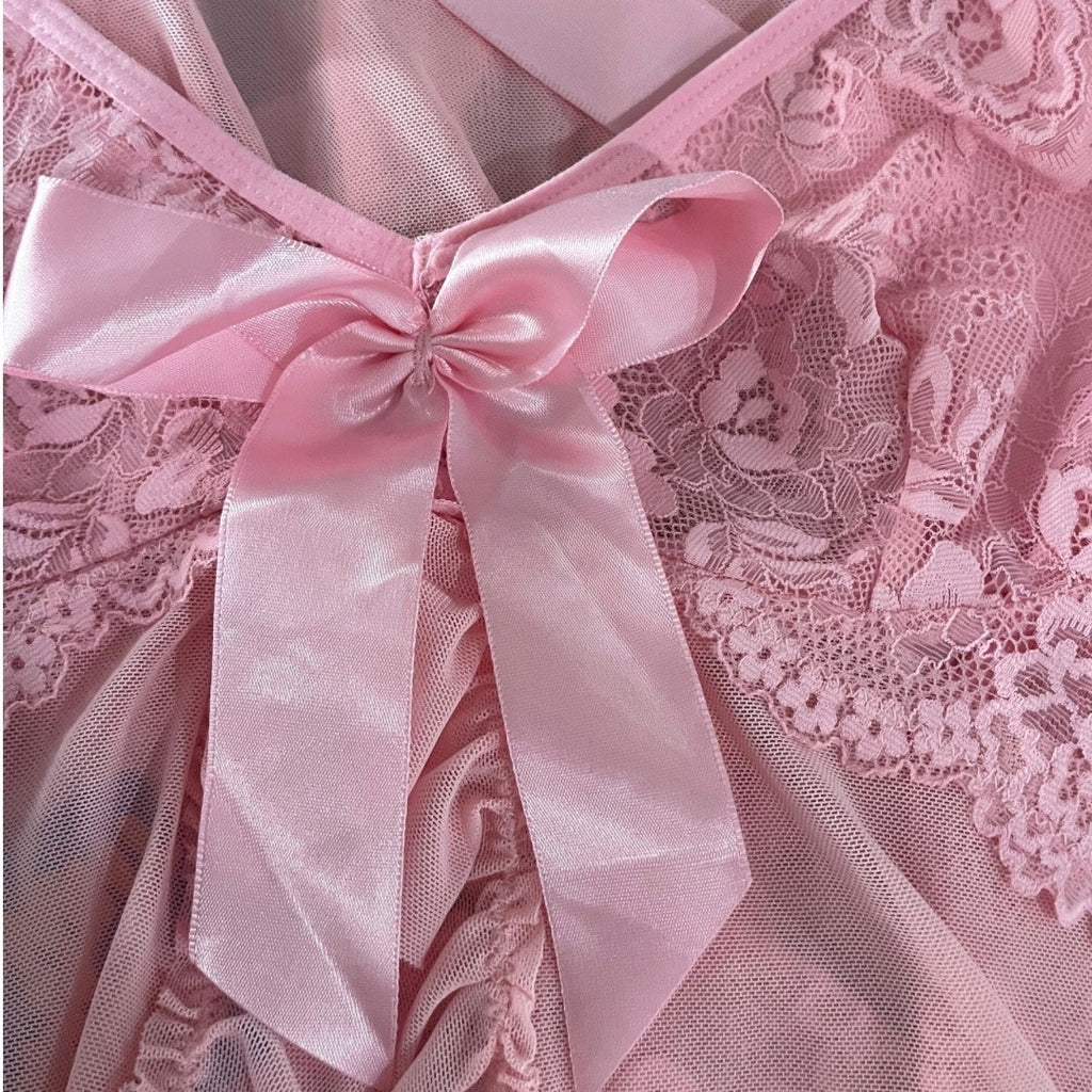 Pink Lace Sheer Mesh Babydoll Chemise Halter necktie Lingerie SZ Small Intimates