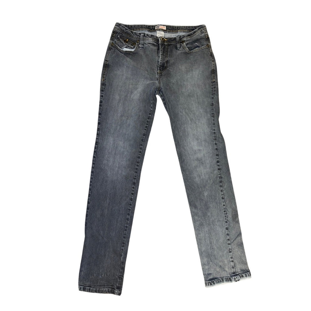 Faded Glory Stretch Straight Denim Jeans Black Wash Embroider Pockets Size 14
