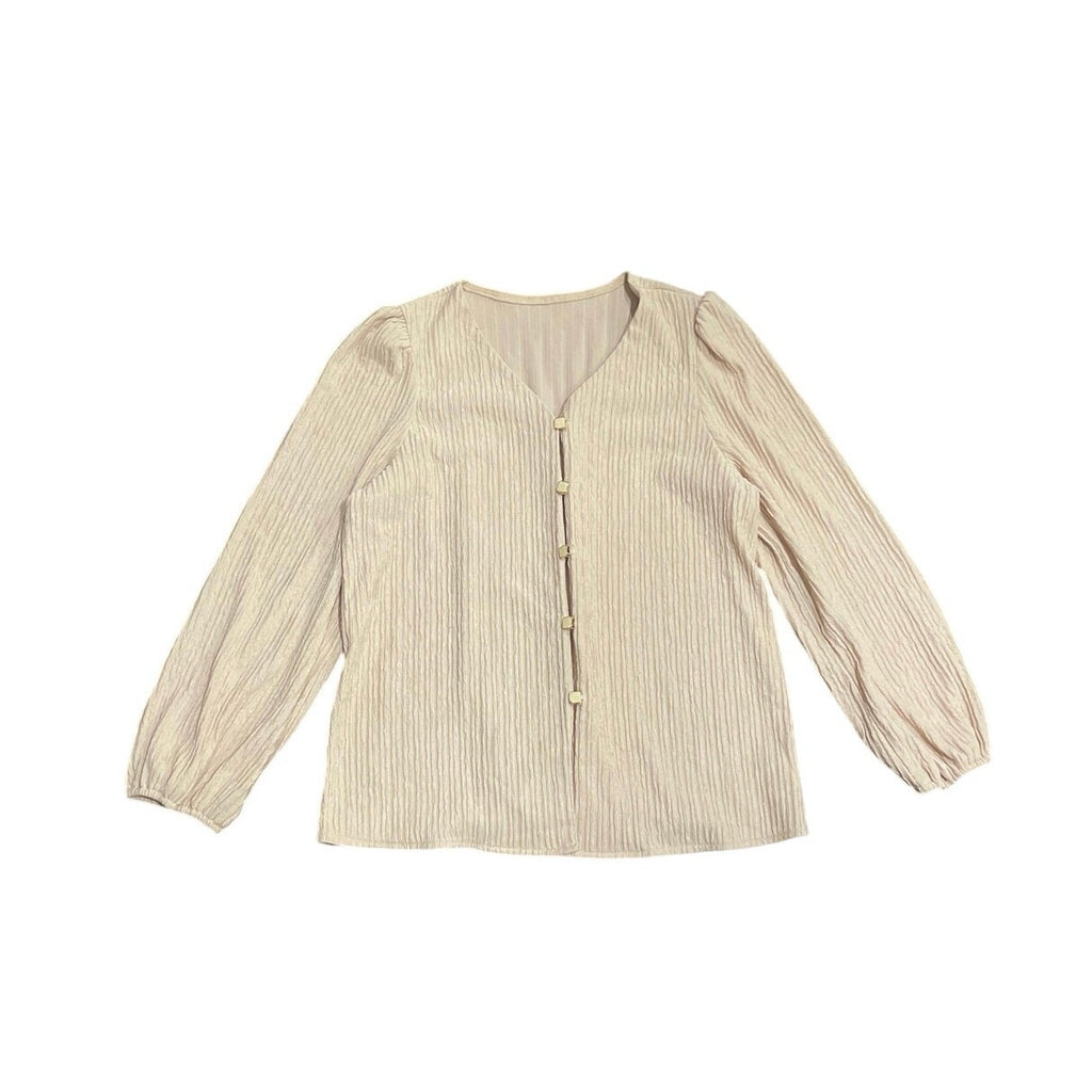Dazy V-Neck Crinkle Button Long Sleeve Blouse SZ S Flowy Lightweight Casual