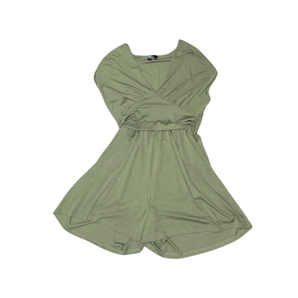 CIDER GREEN JERSEY V-NECK SOLID RUCHED ROMPER CURVE PLUS SIZE 1XL