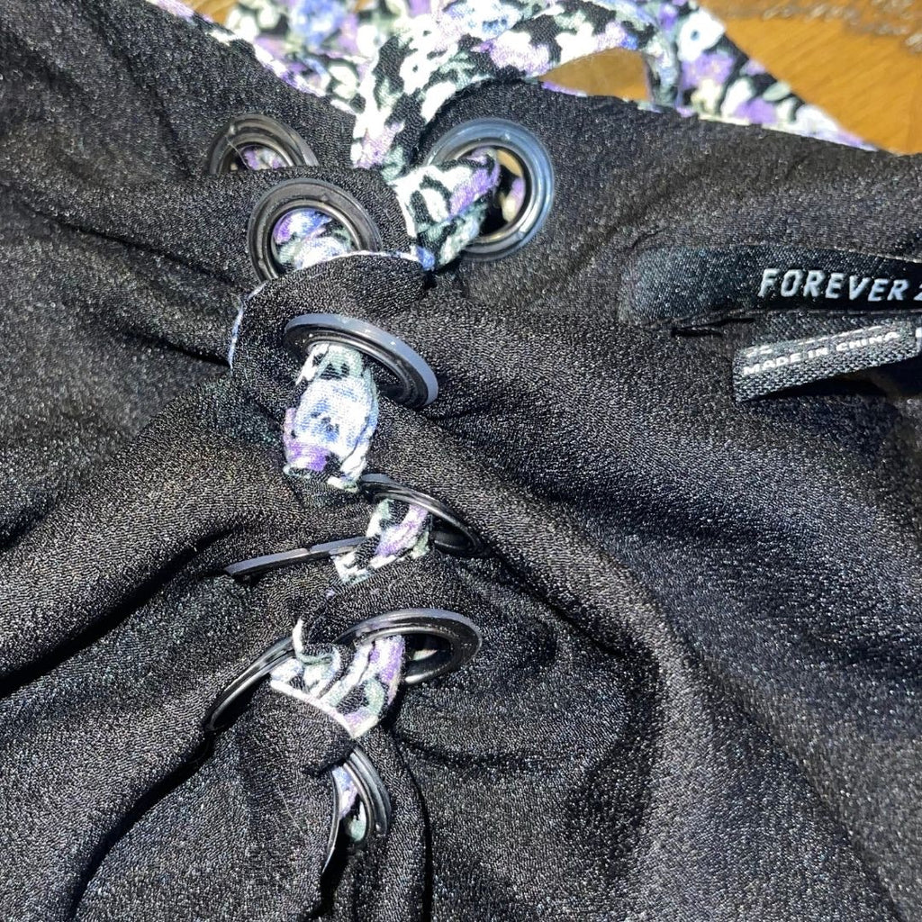 Forever 21 Floral Crop Top Ruched Back Tie Puff Sleeves Size Small Y2K