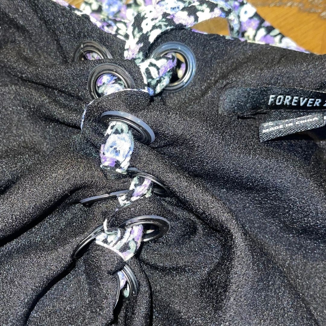 Forever 21 Floral Crop Top Ruched Back Tie Puff Sleeves Size Small Y2K