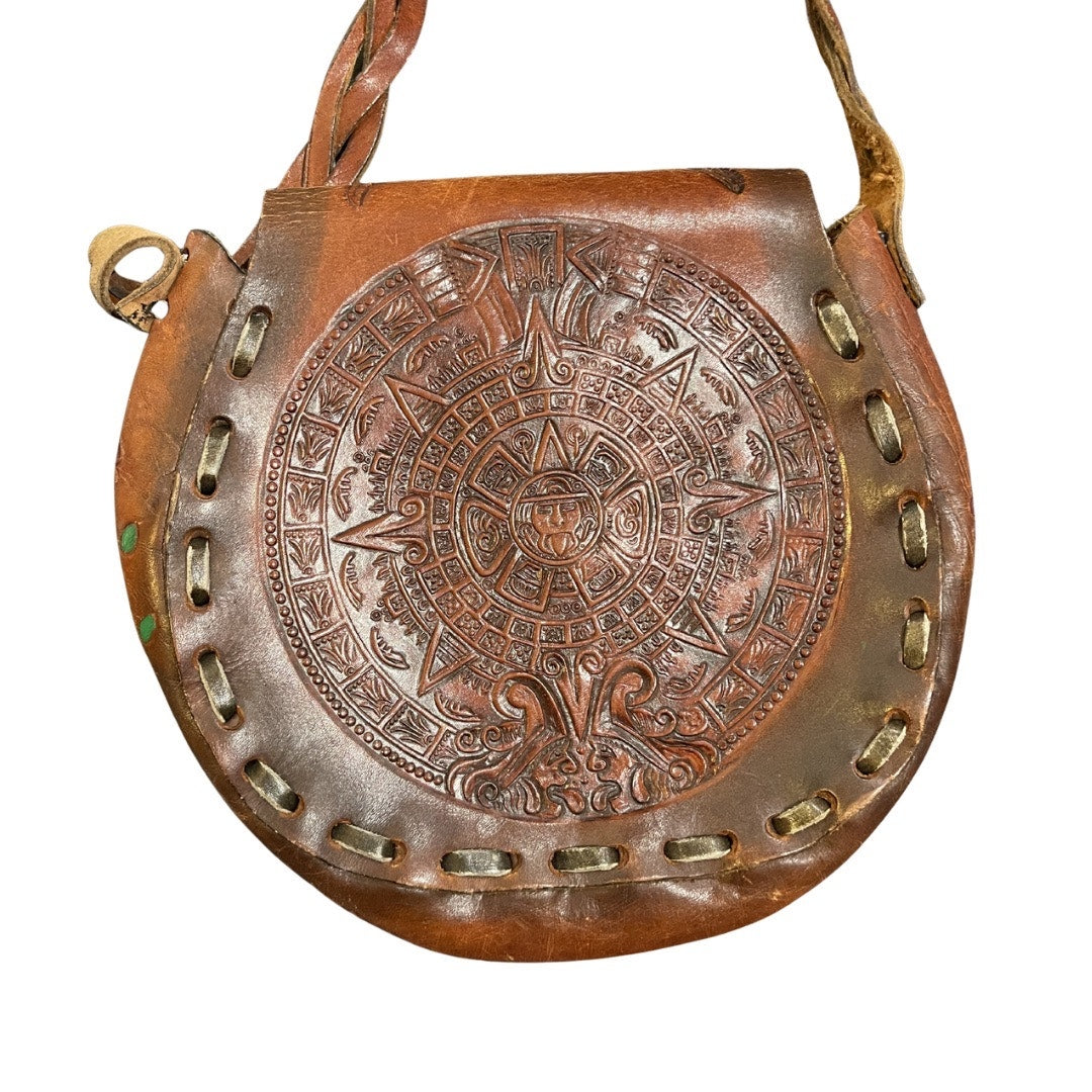 VTG Handmade Tooled Mexican Leather Boho Hippie Saddle Bag Eagle Aztec Calendar