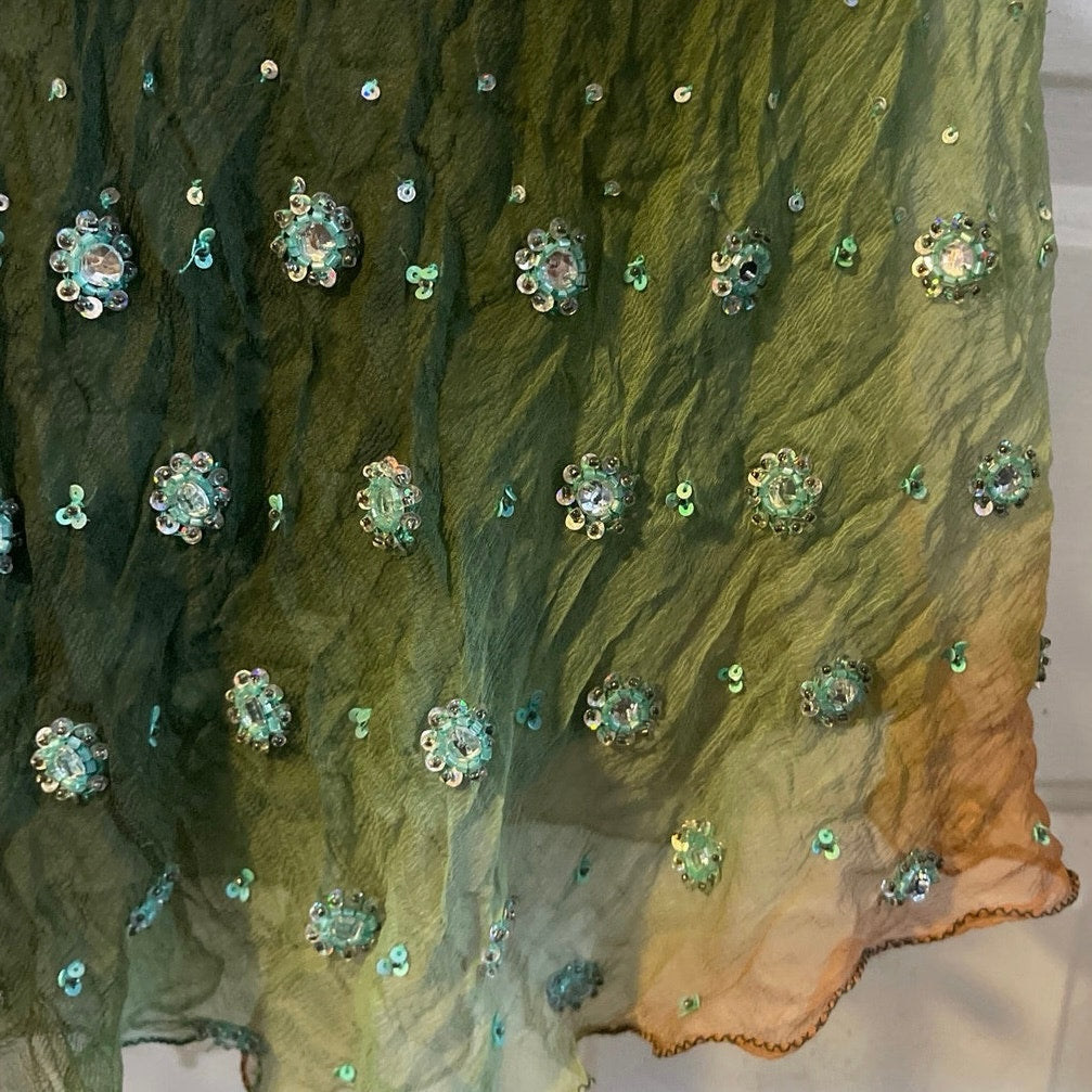 Y2K Green Hand Beaded Sequin Crinkle Silk Midi Dress VTG 90s Fairycore Art Deco