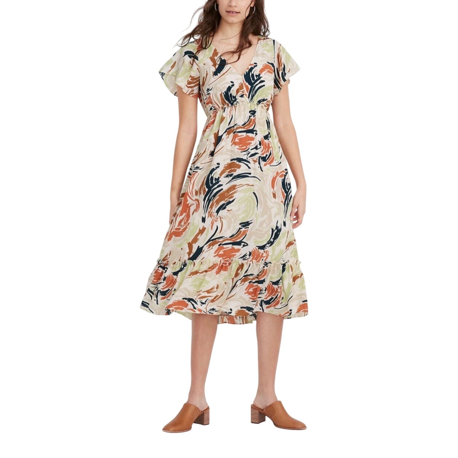 Madewell Flutter Sleeve Ruffle Waist Midi V-Neck Dress Size O Feminine Brunch